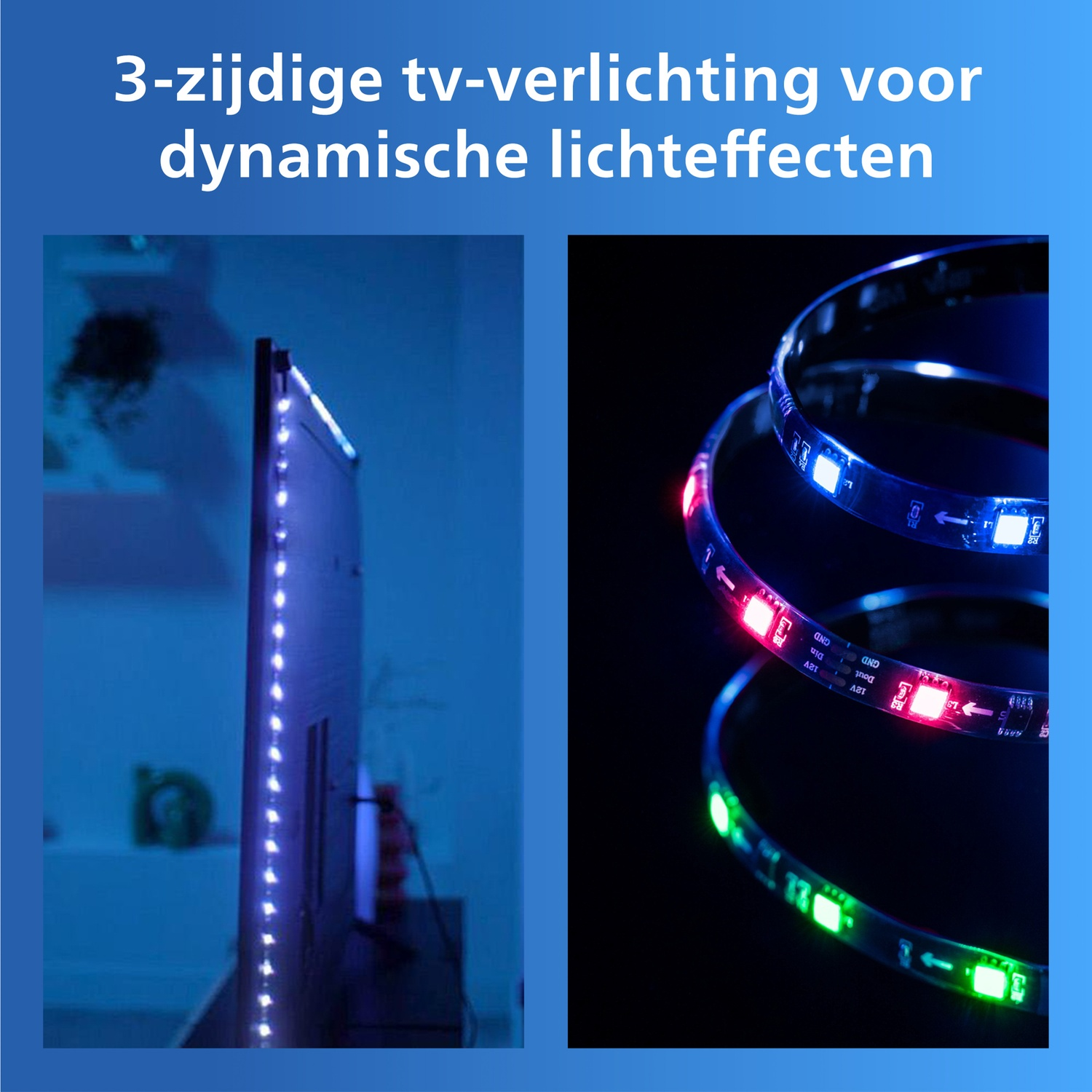 LED strips in red, blue, and green illuminate on a black background.