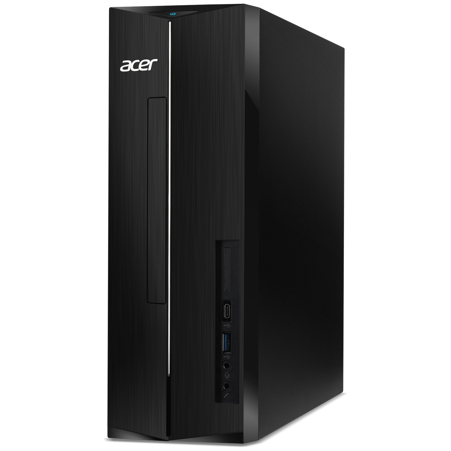 Black Acer tower PC with a brushed finish and ports on the front.