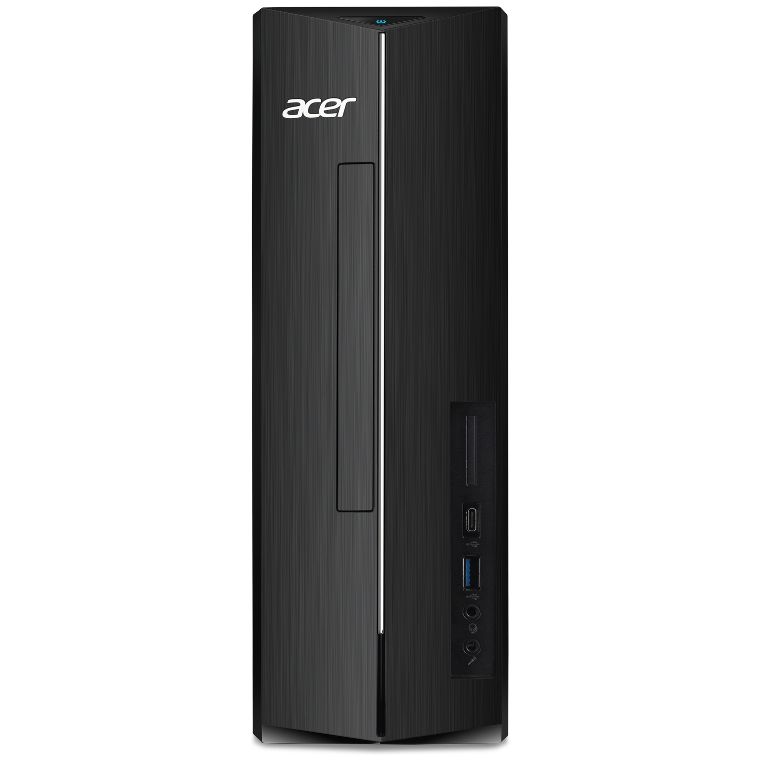 Black Acer tower PC with brushed finish and ports.