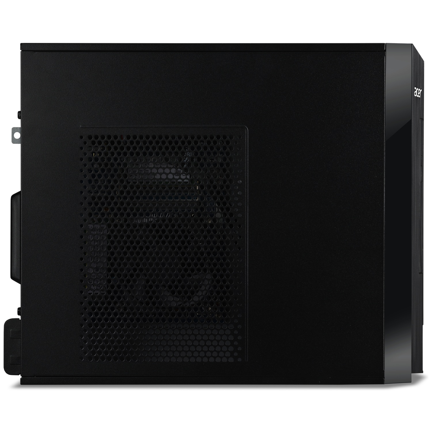 Black computer tower with a perforated vent and Acer logo.