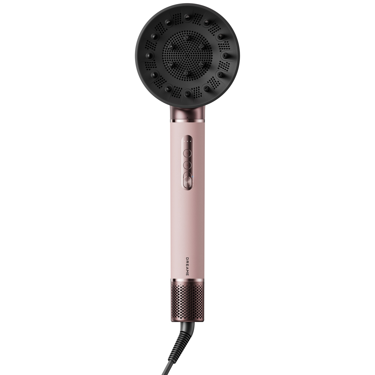A pink hairdryer with a diffuser attachment and control buttons.