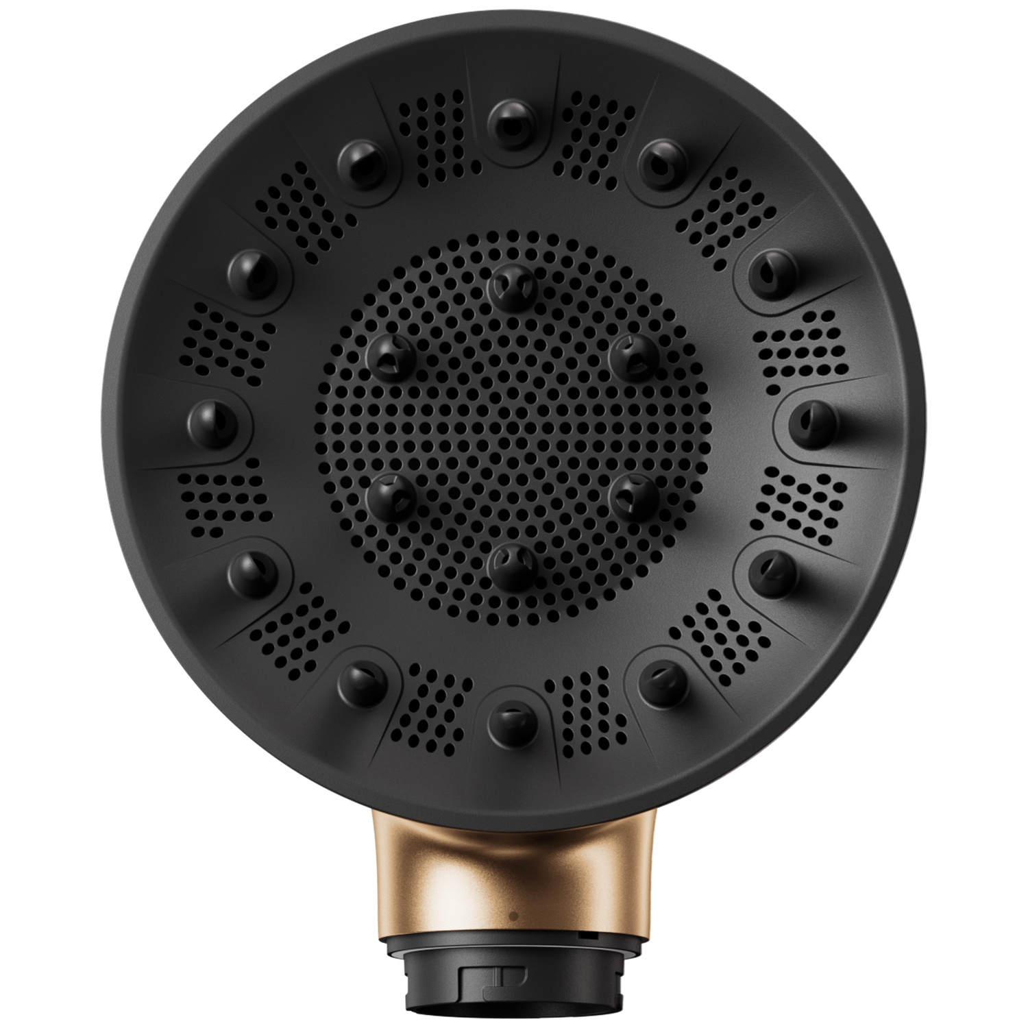 Black diffuser attachment with gold base, many small holes and pins.