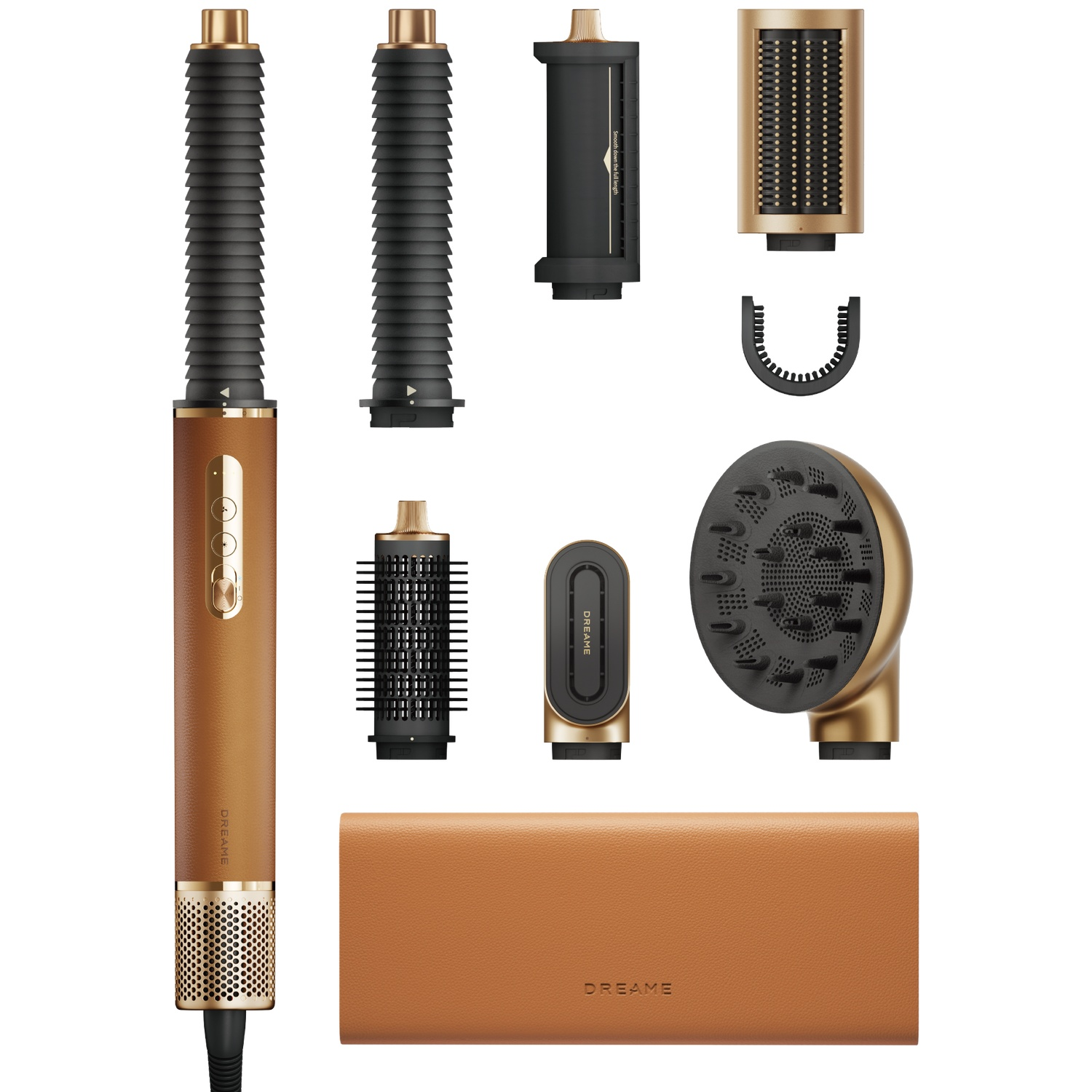Gold and brown hair styling set with attachments and case.