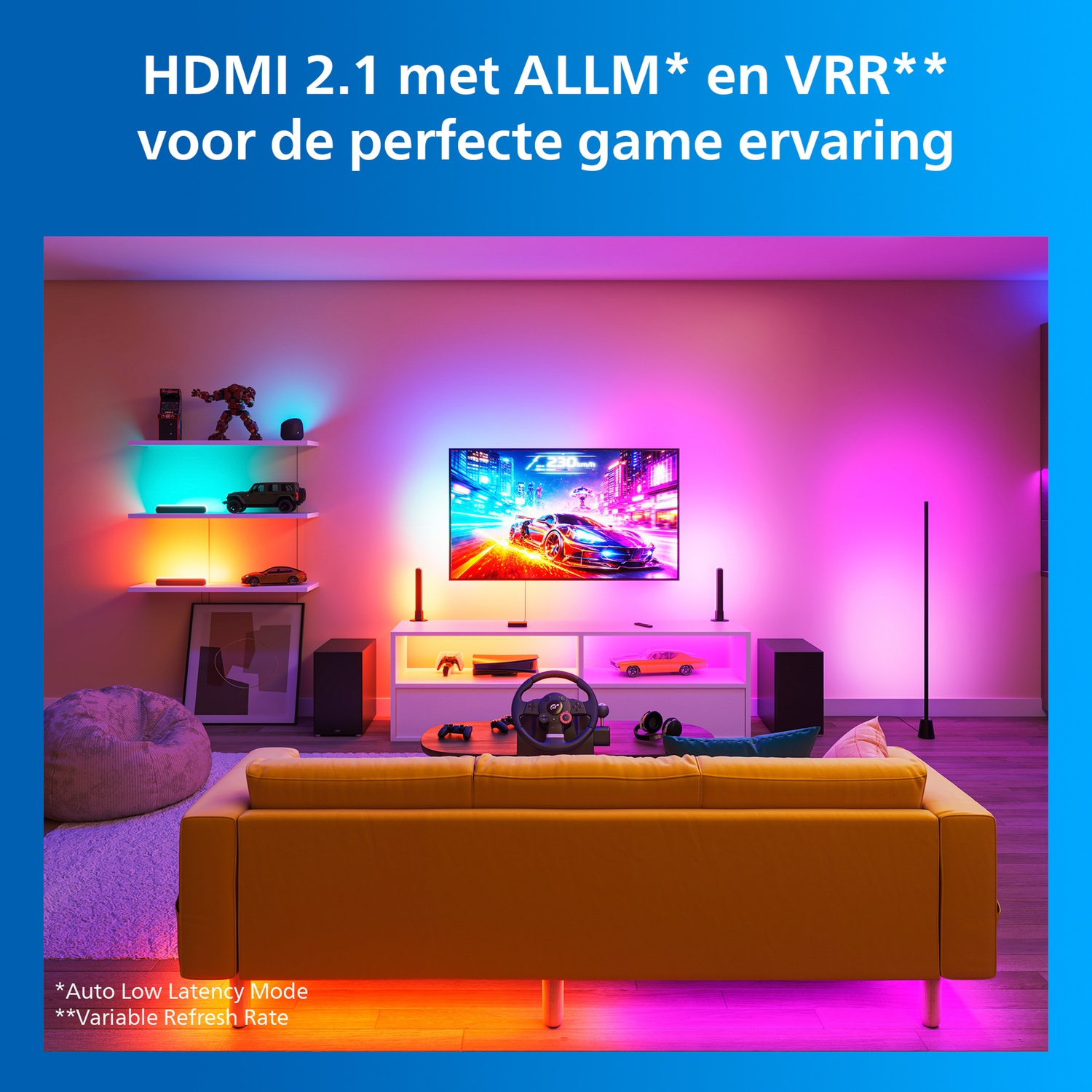 A living room with a yellow sofa, TV, and gaming setup, illuminated by RGB lighting.