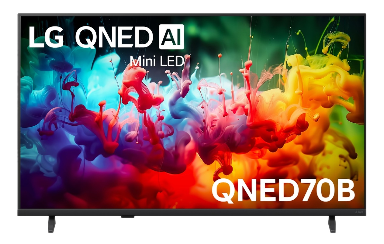 Telewizor LG QNED AI Mini LED wyświetla żywe czerwone, niebieskie i żółte plamy atramentu.