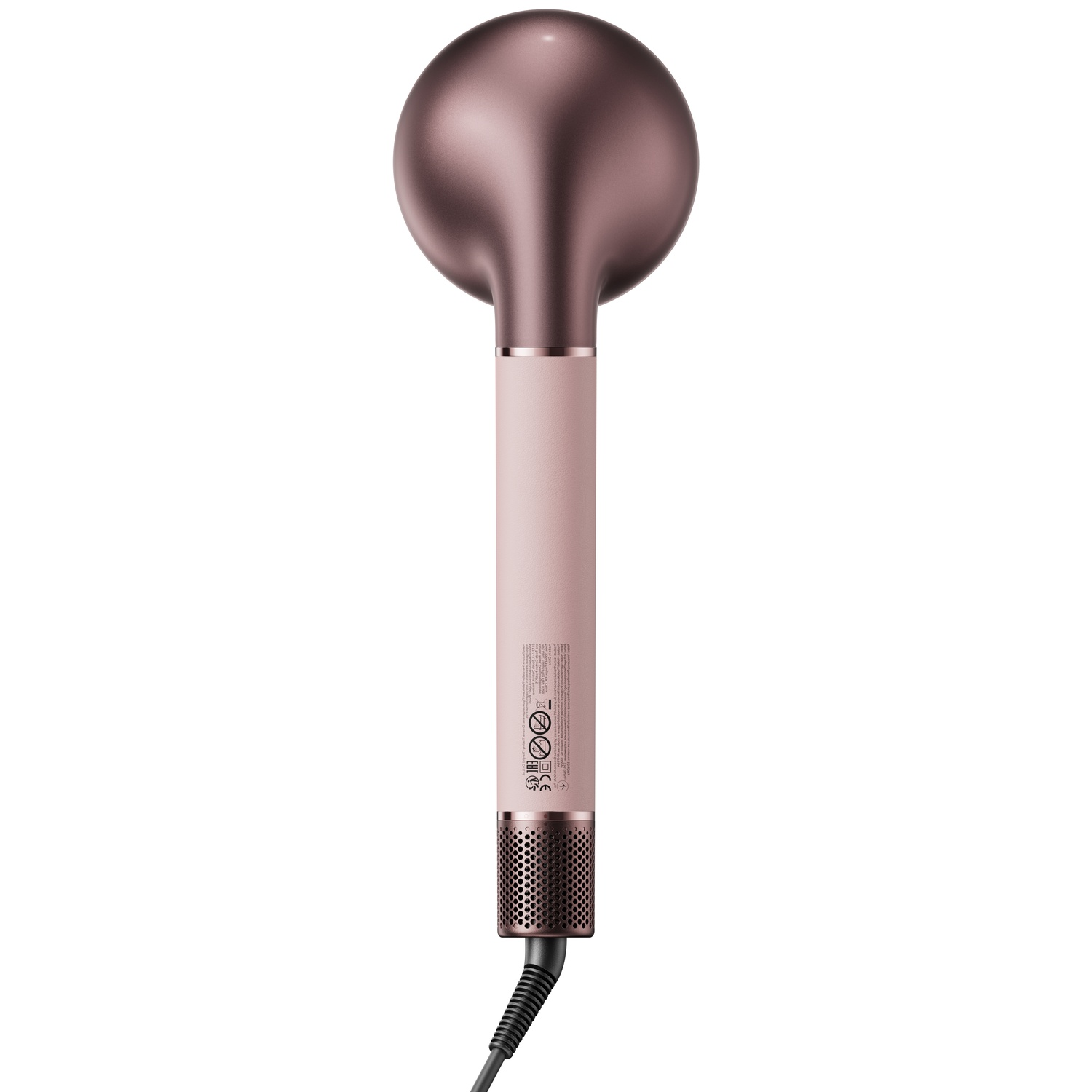 Roségouden föhn met ronde kop en roze handvat. Voorzien van een gaasventilatie.