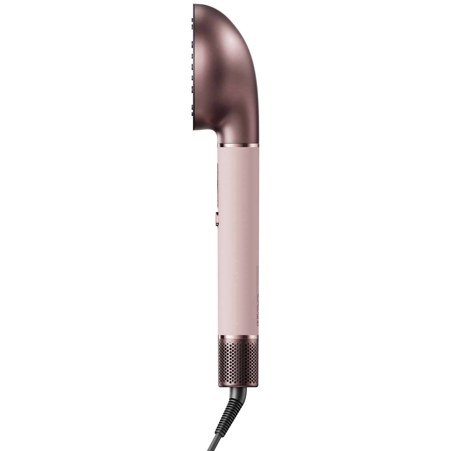 Een roségouden haardroger met roze handvat en zwart snoer.