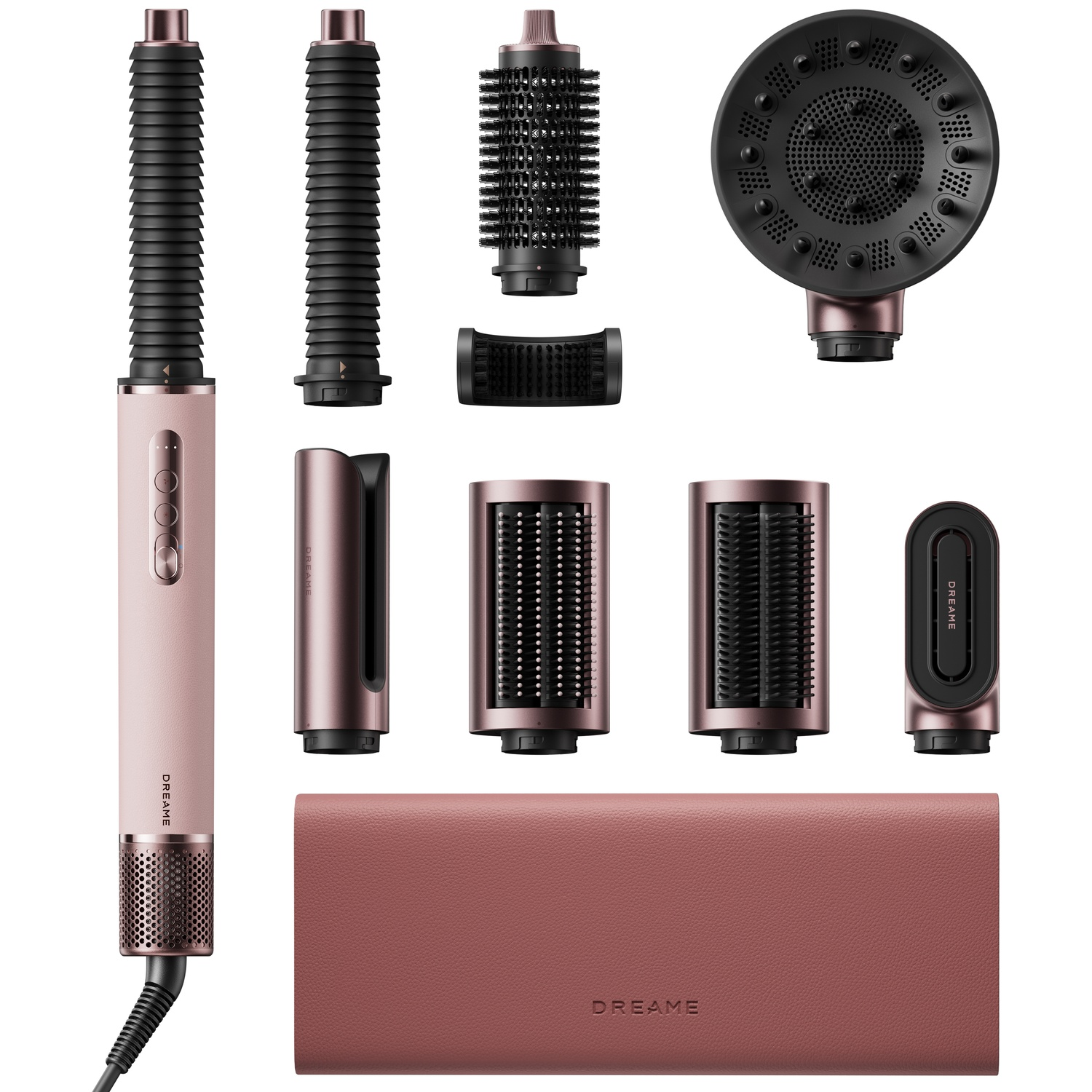 Een roségouden haardroger set met opzetstukken en etui.
