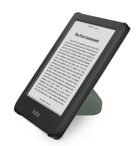 Czarny czytnik e-booków z zieloną podstawką, leżący na białej powierzchni.