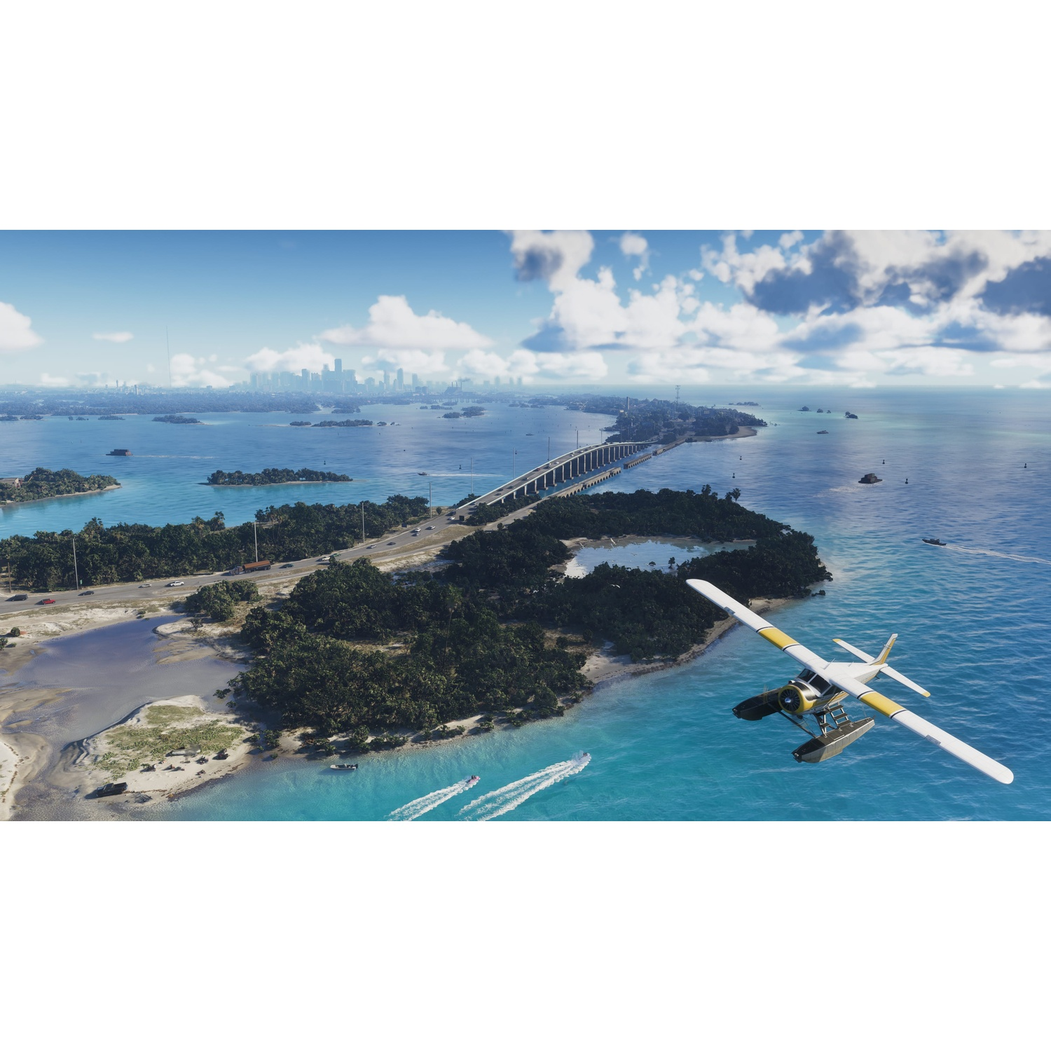 A yellow and white seaplane flies over turquoise water next to an island with a bridge in the background.