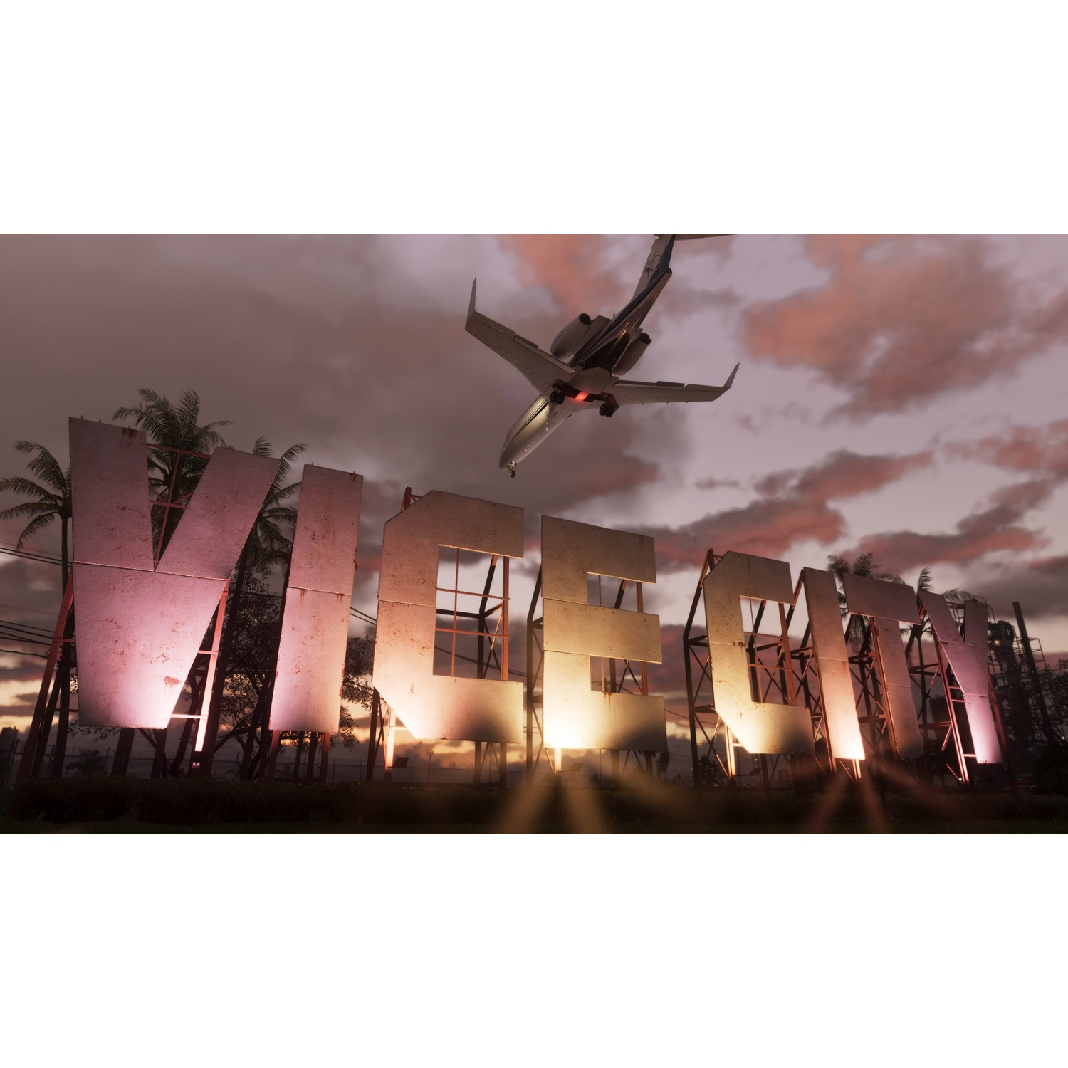 A jet airplane flies over a large illuminated sign spelling 'VICE CITY' at sunset.