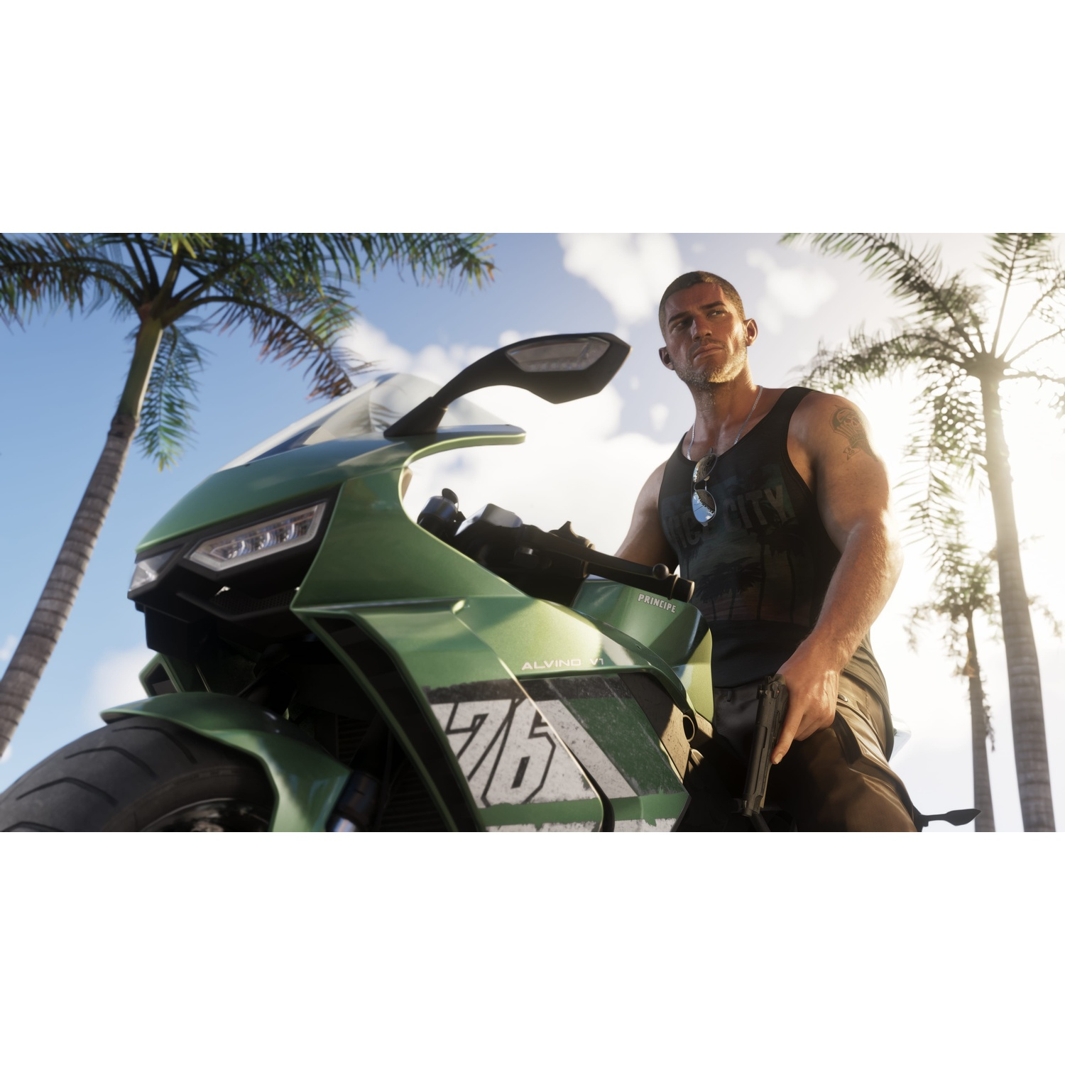 Man in black tank top with motorcycle and gun, palm trees in background.