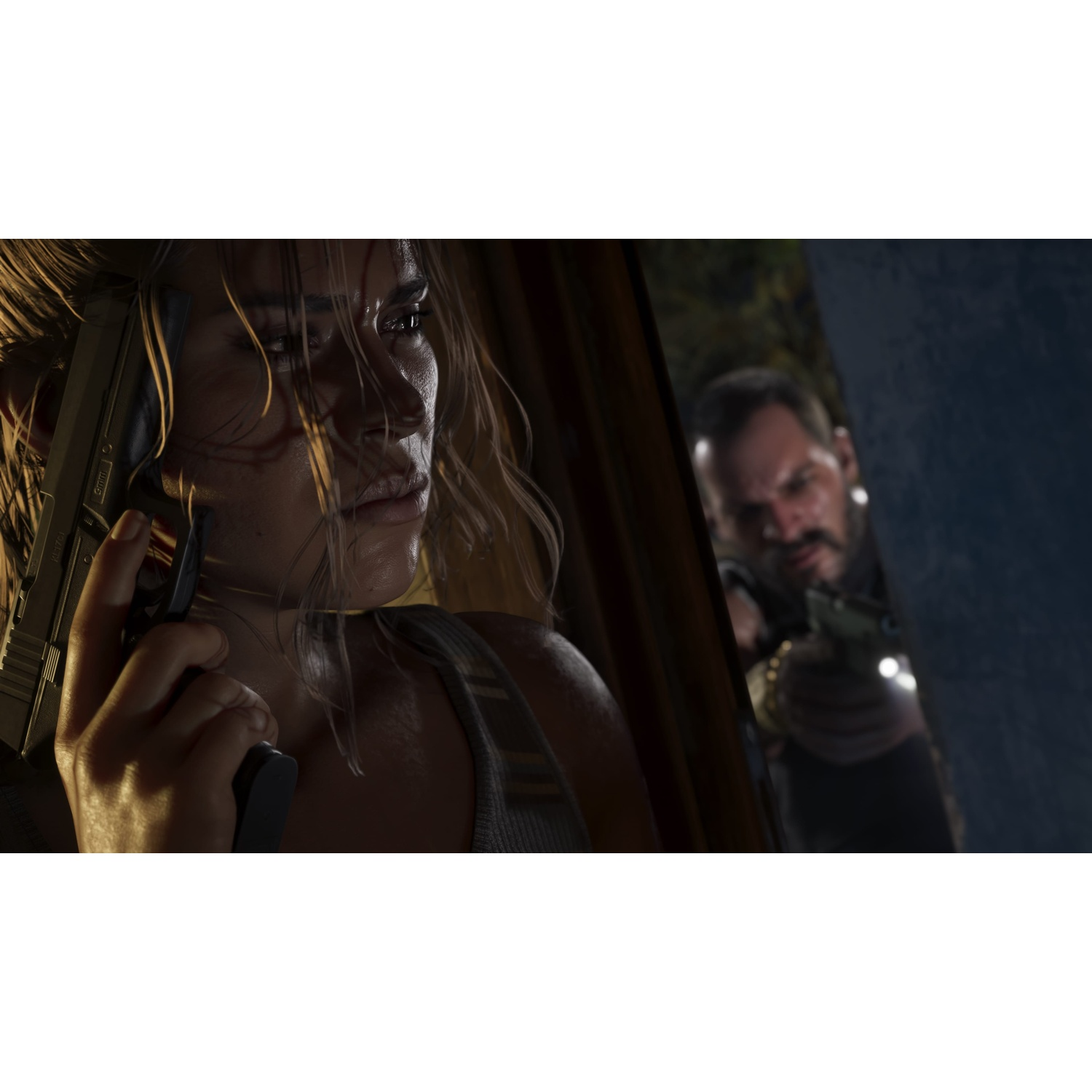 Woman holding gun in foreground, man with gun in background.