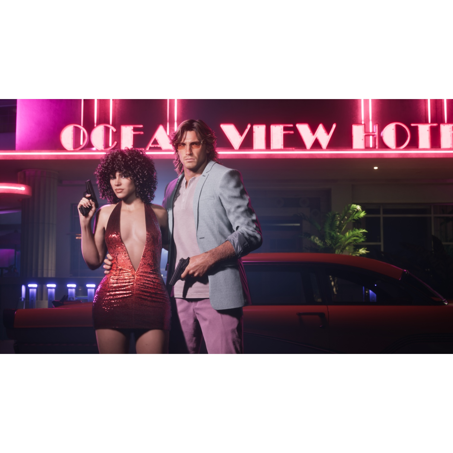 A couple with guns stand before a red car in front of a neon-lit hotel.