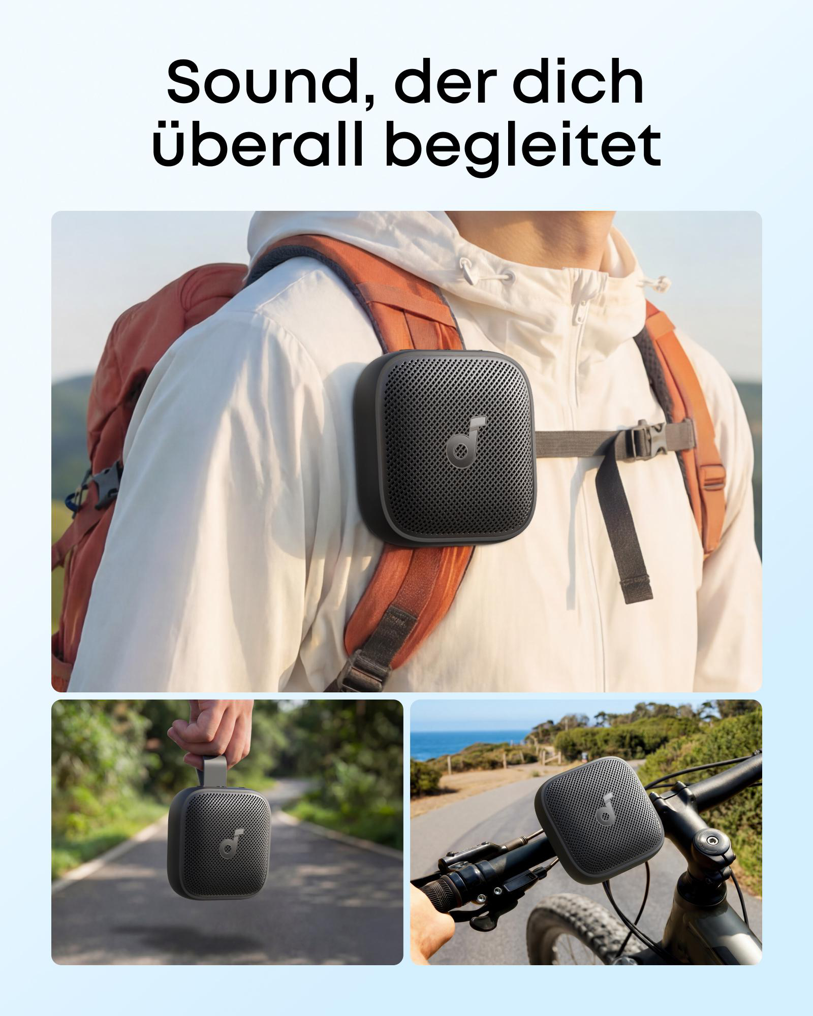 Ein schwarzer Lautsprecher ist an einem Rucksack befestigt. Eine Hand hält ihn, und er ist am Lenker eines Fahrrads angebracht.