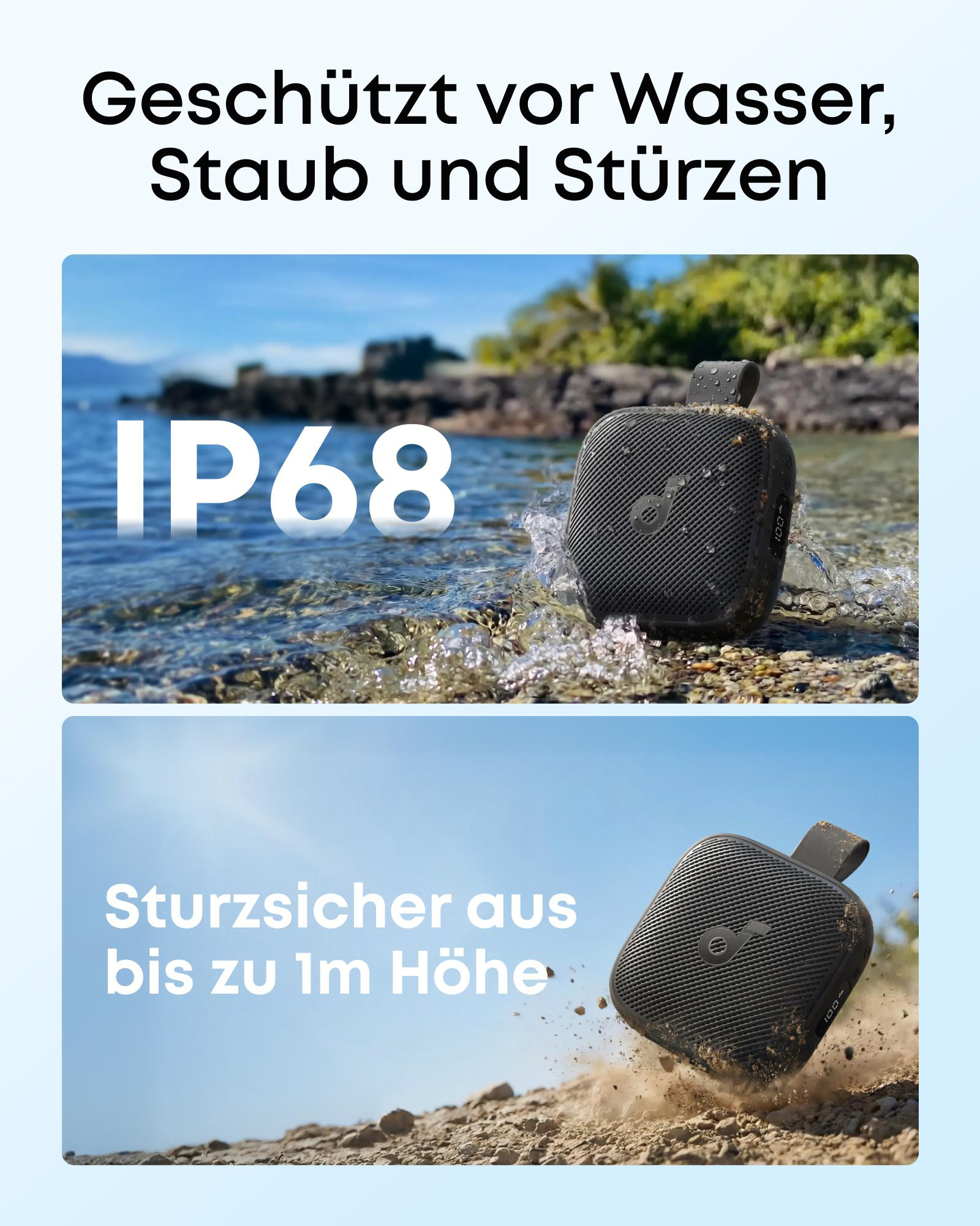 Ein schwarzer Lautsprecher ist im Wasser und auf Sand zu sehen.