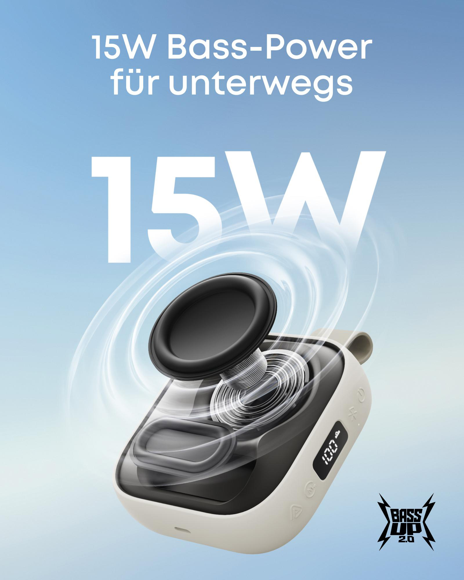 Ein tragbarer Lautsprecher mit 15W Bass-Power wird gezeigt.
