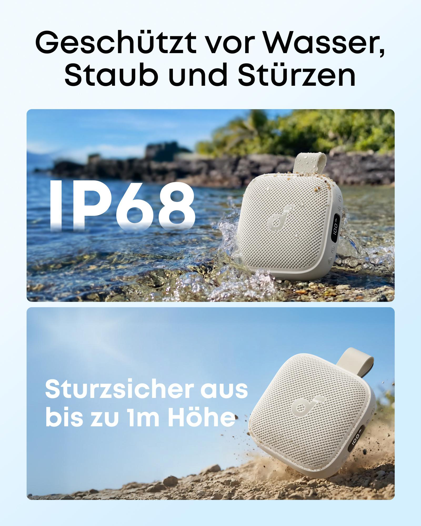 Ein weißer Lautsprecher wird im Wasser und auf Sand gezeigt, um seine Wasser- und Sturzfestigkeit zu demonstrieren.