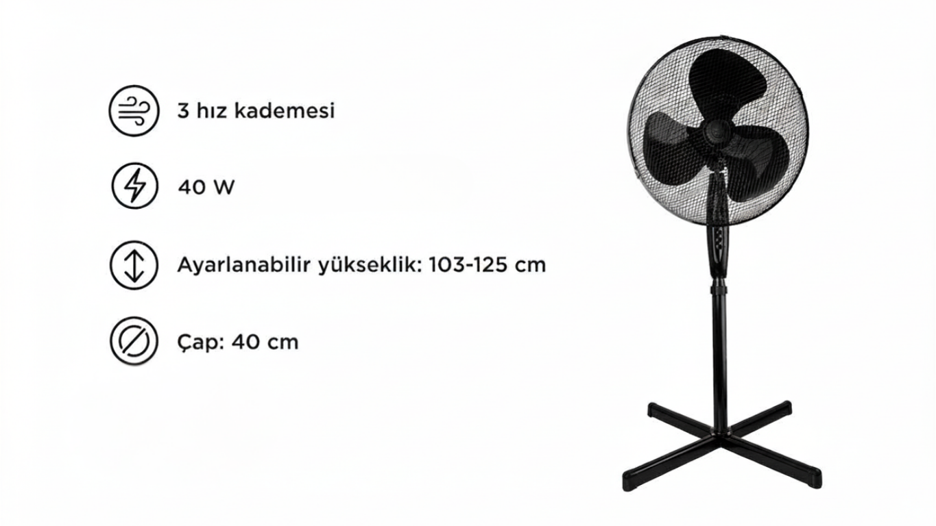 Üç kanatlı, ayarlanabilir yükseklikli siyah bir vantilatör.
