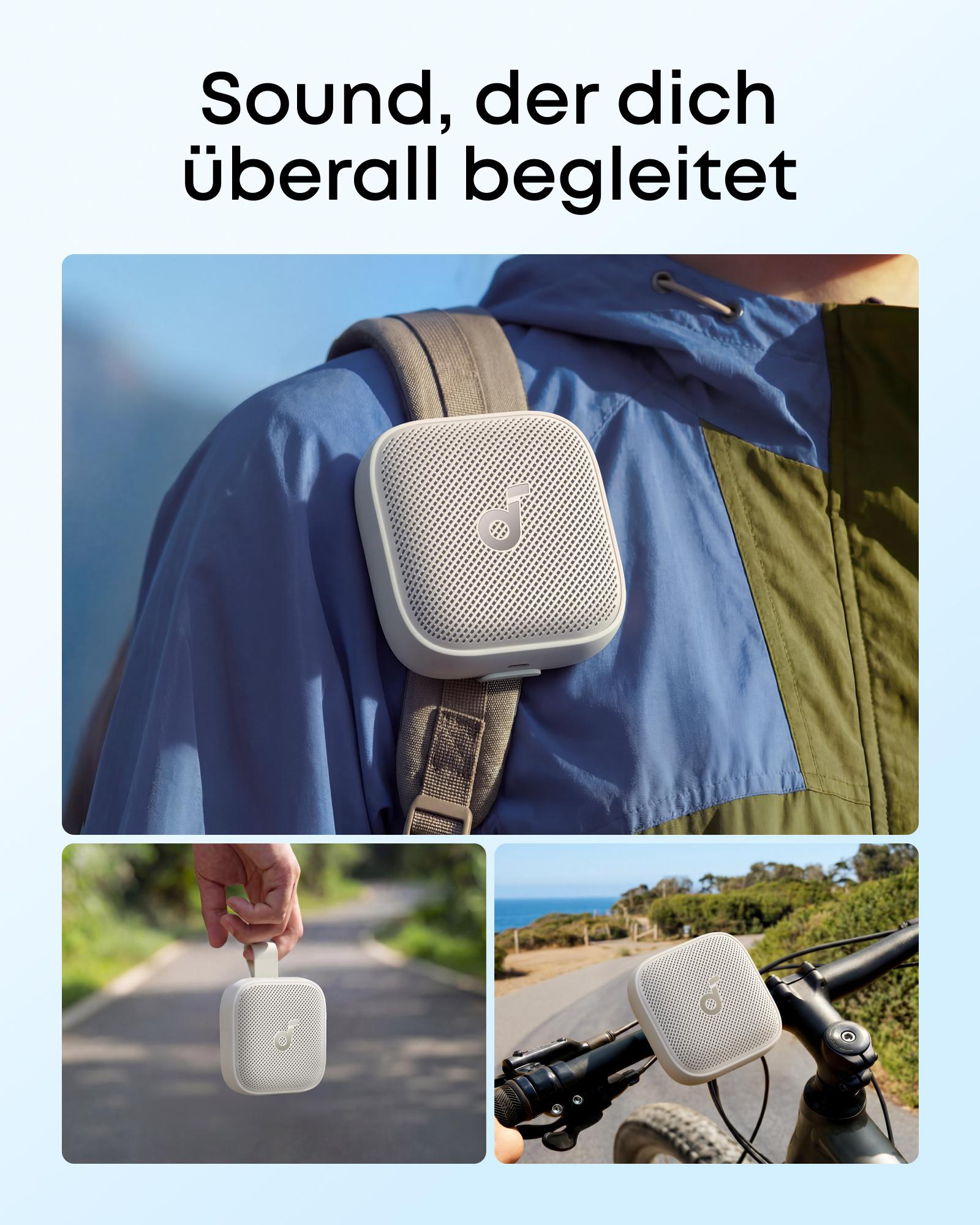 Ein weißer Lautsprecher an einem Rucksack, gehalten und am Fahrrad befestigt.
