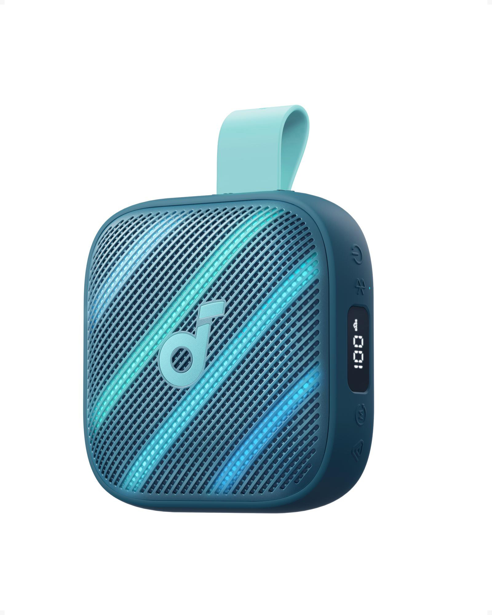 Ein blauer Bluetooth-Lautsprecher mit einem hellblauen Griff und Lichteffekten.
