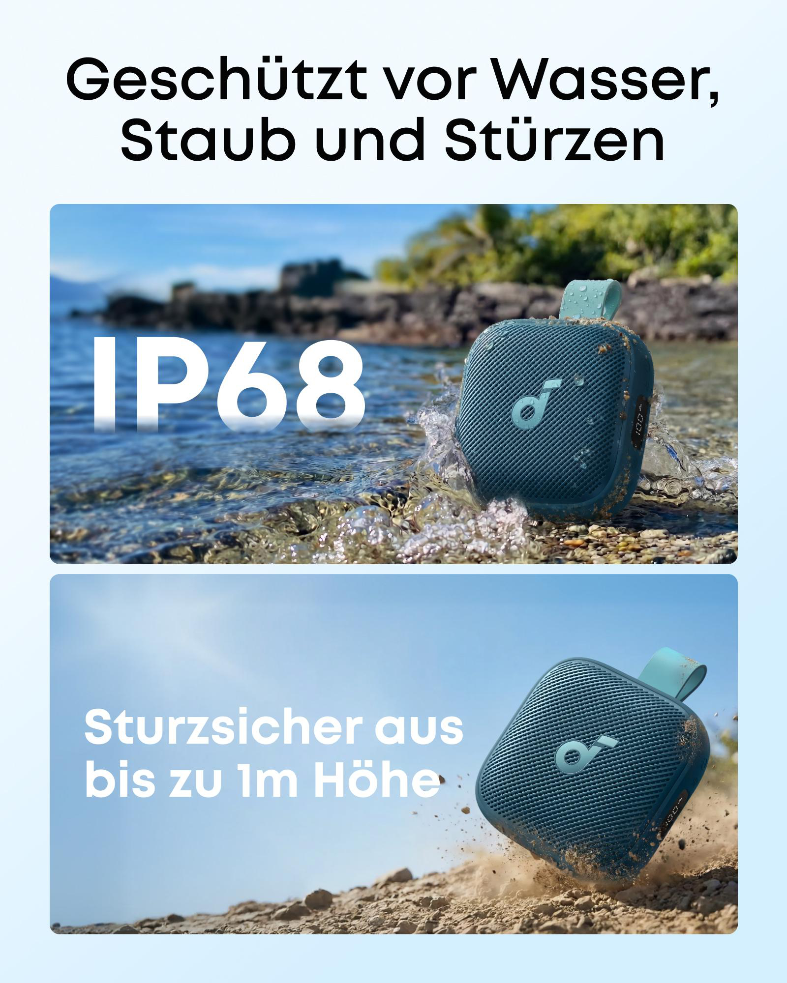 Blauer Lautsprecher mit IP68-Zertifizierung am Wasser und im Sand.