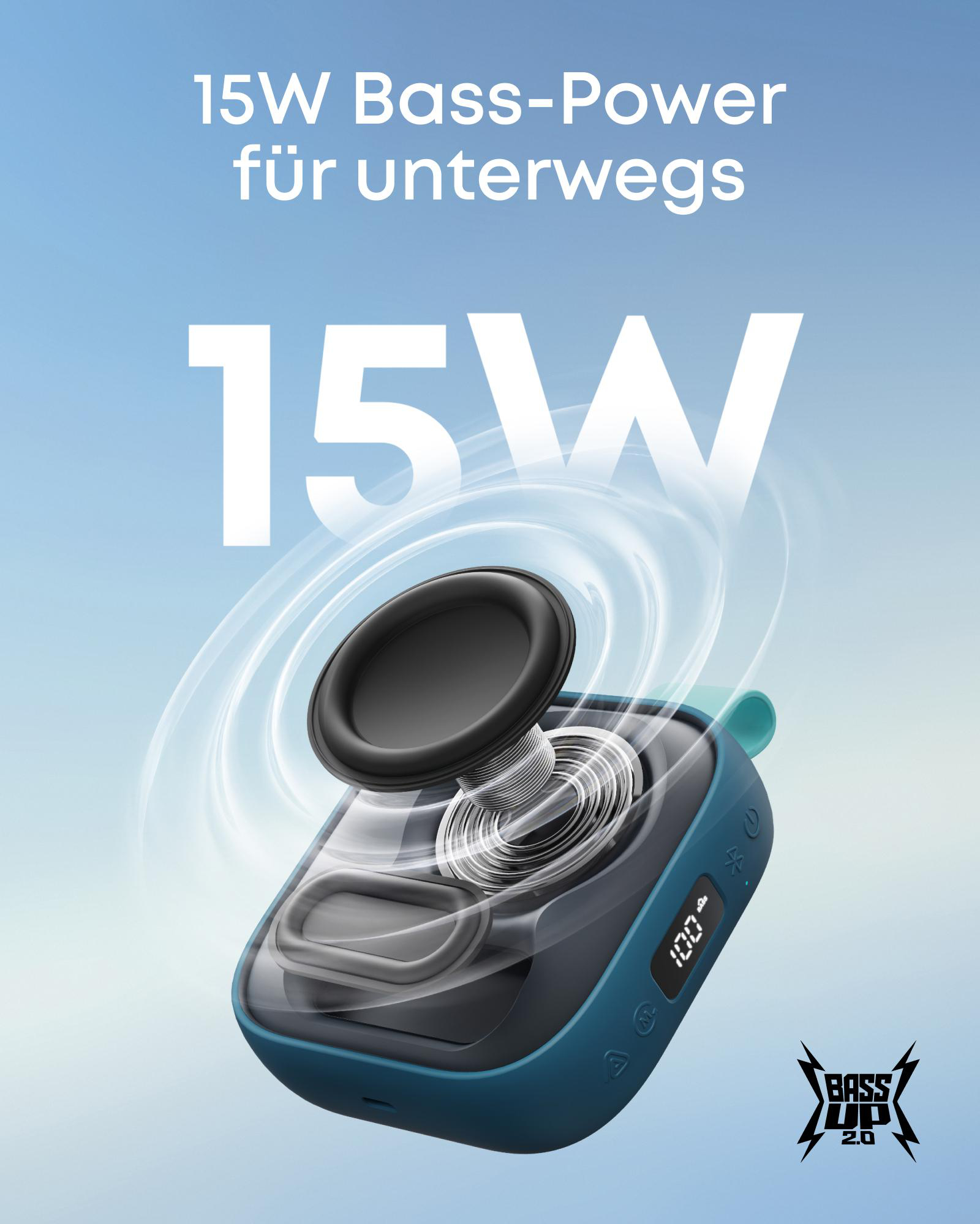 Blauer Lautsprecher mit 15W Bass-Power und digitaler Anzeige.