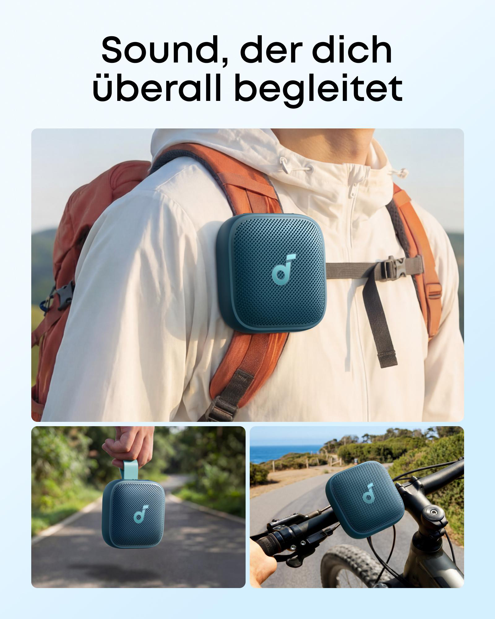 Blauer Lautsprecher mit Logo an einem Rucksack und beim Radfahren.