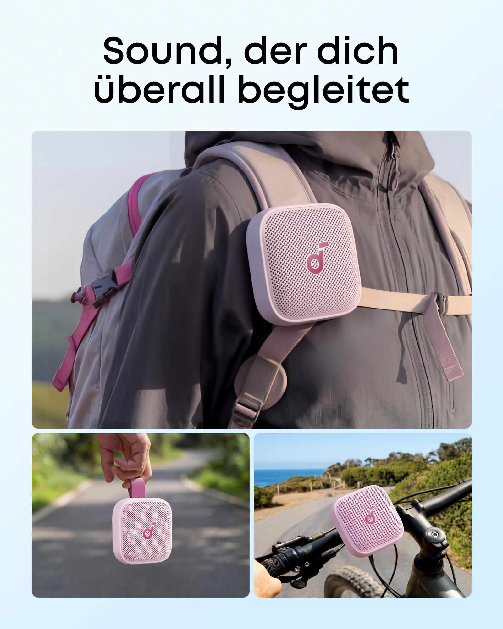 Ein rosafarbener Lautsprecher ist an einem Rucksack befestigt, wird gehalten oder am Fahrrad montiert.