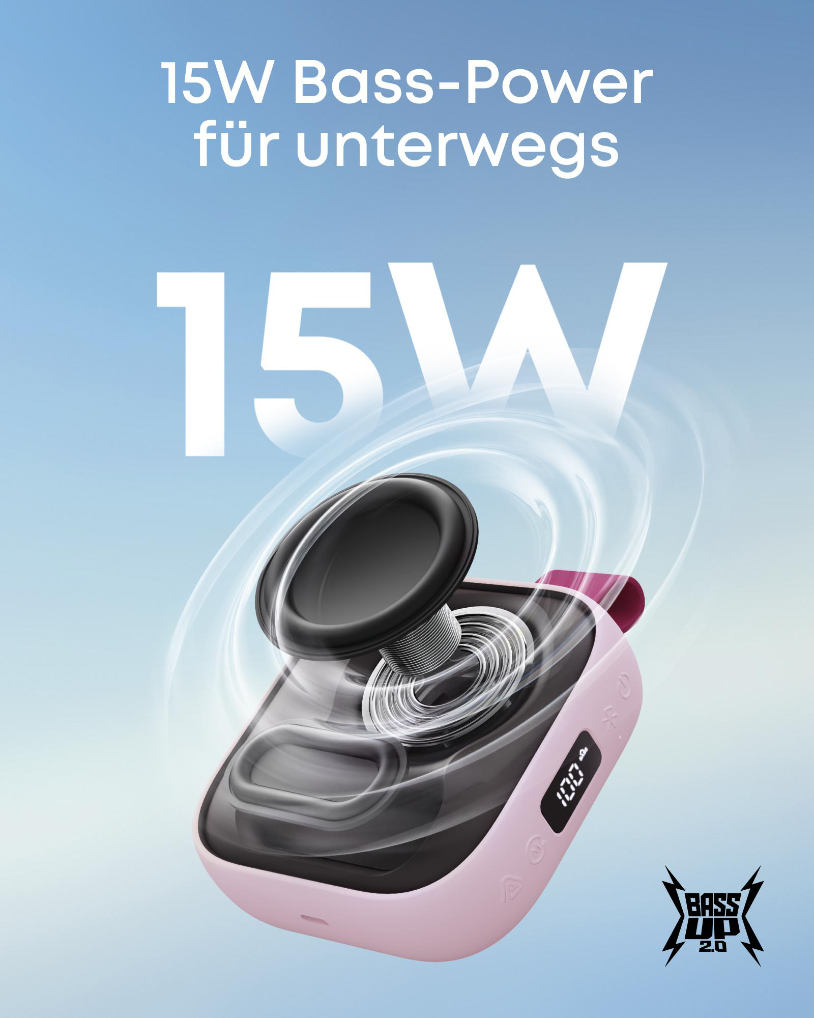 Ein pinker Lautsprecher mit 15W Bass-Power und einem digitalen Display.