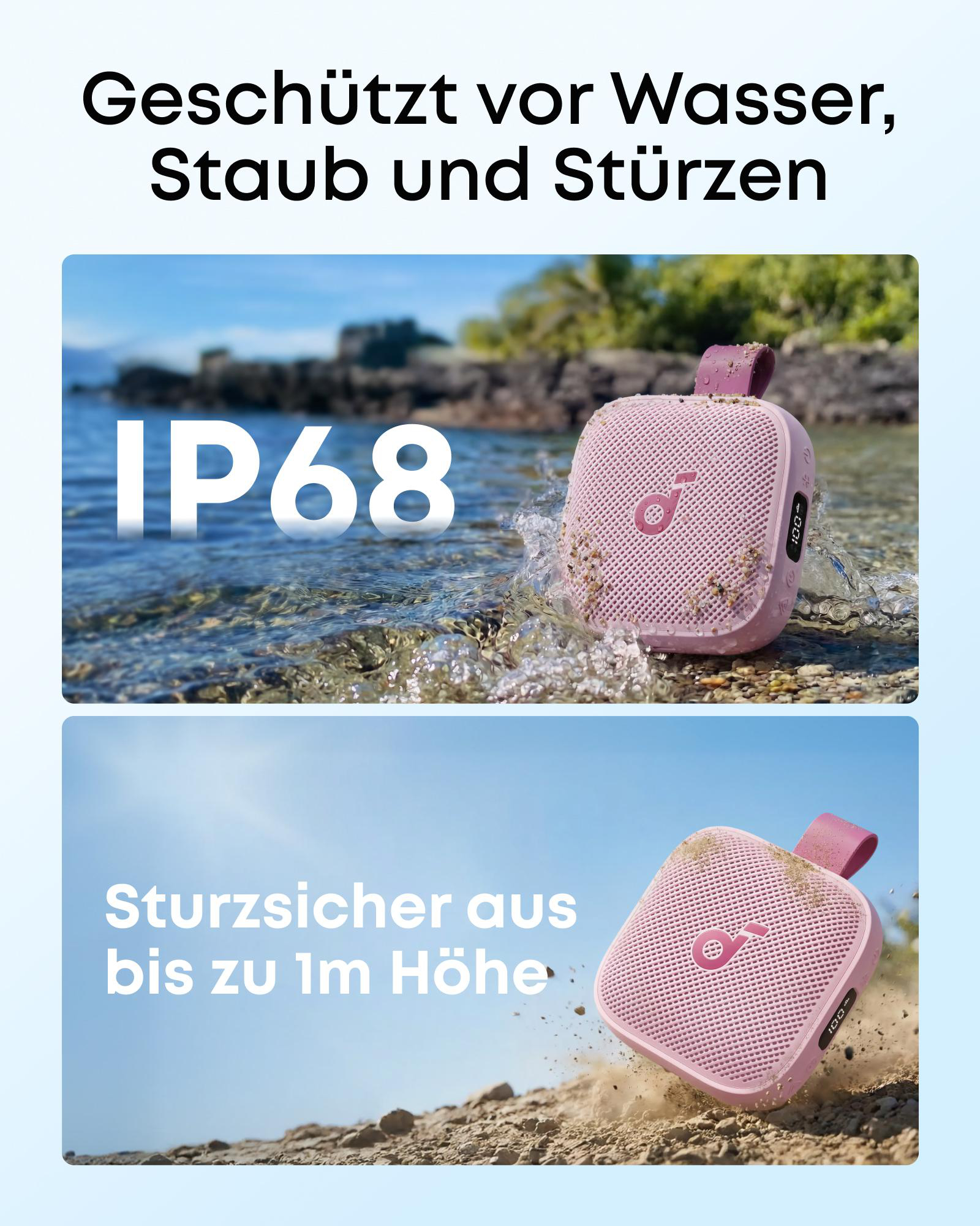 Ein rosafarbener Lautsprecher wird in Wasser und auf Sand gezeigt.