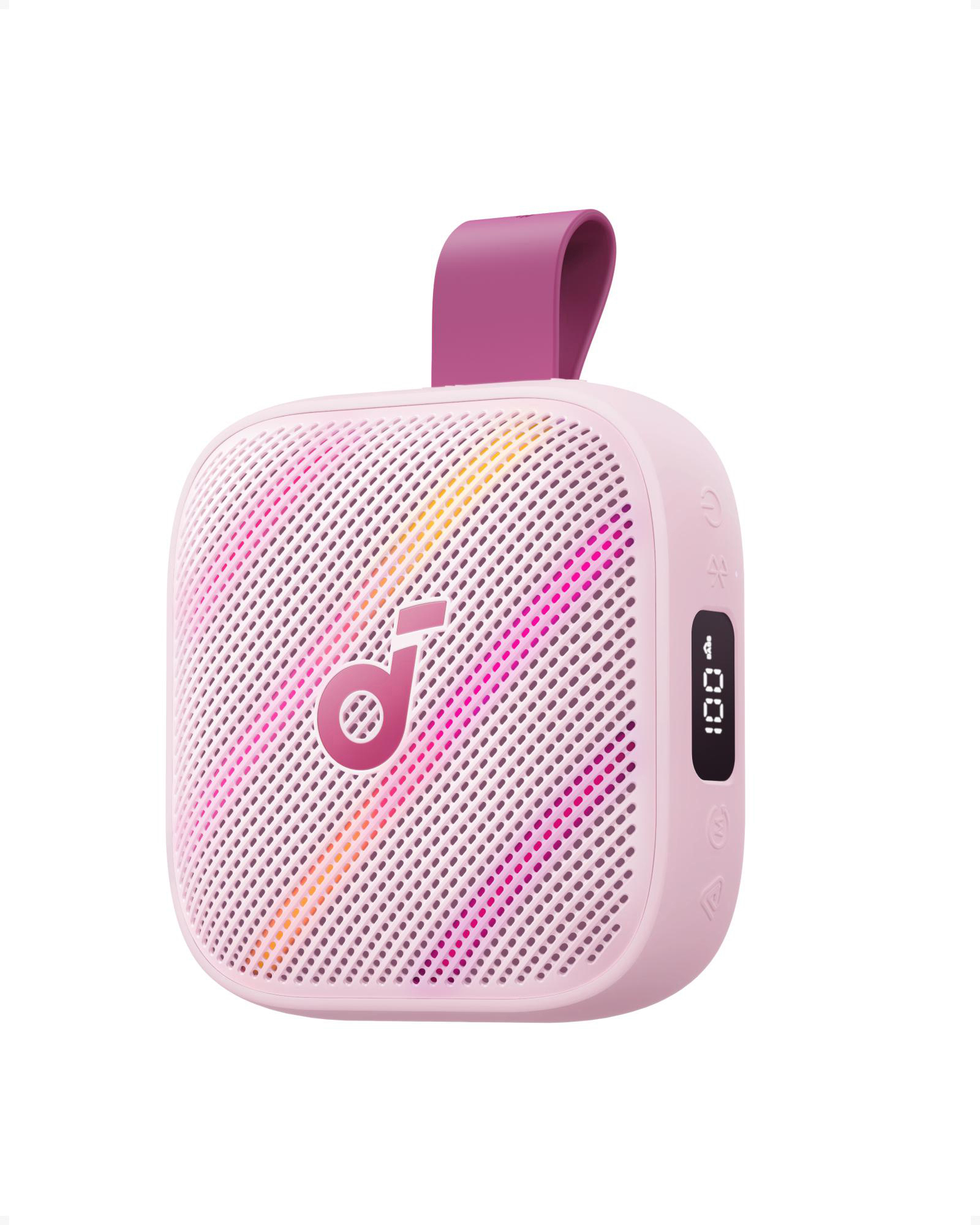 Ein rosa Bluetooth-Lautsprecher mit einem lila Riemen und bunten Lichtern.