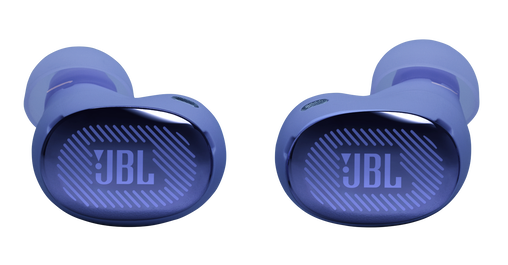 Dwa fioletowe słuchawki JBL na czarnym tle.