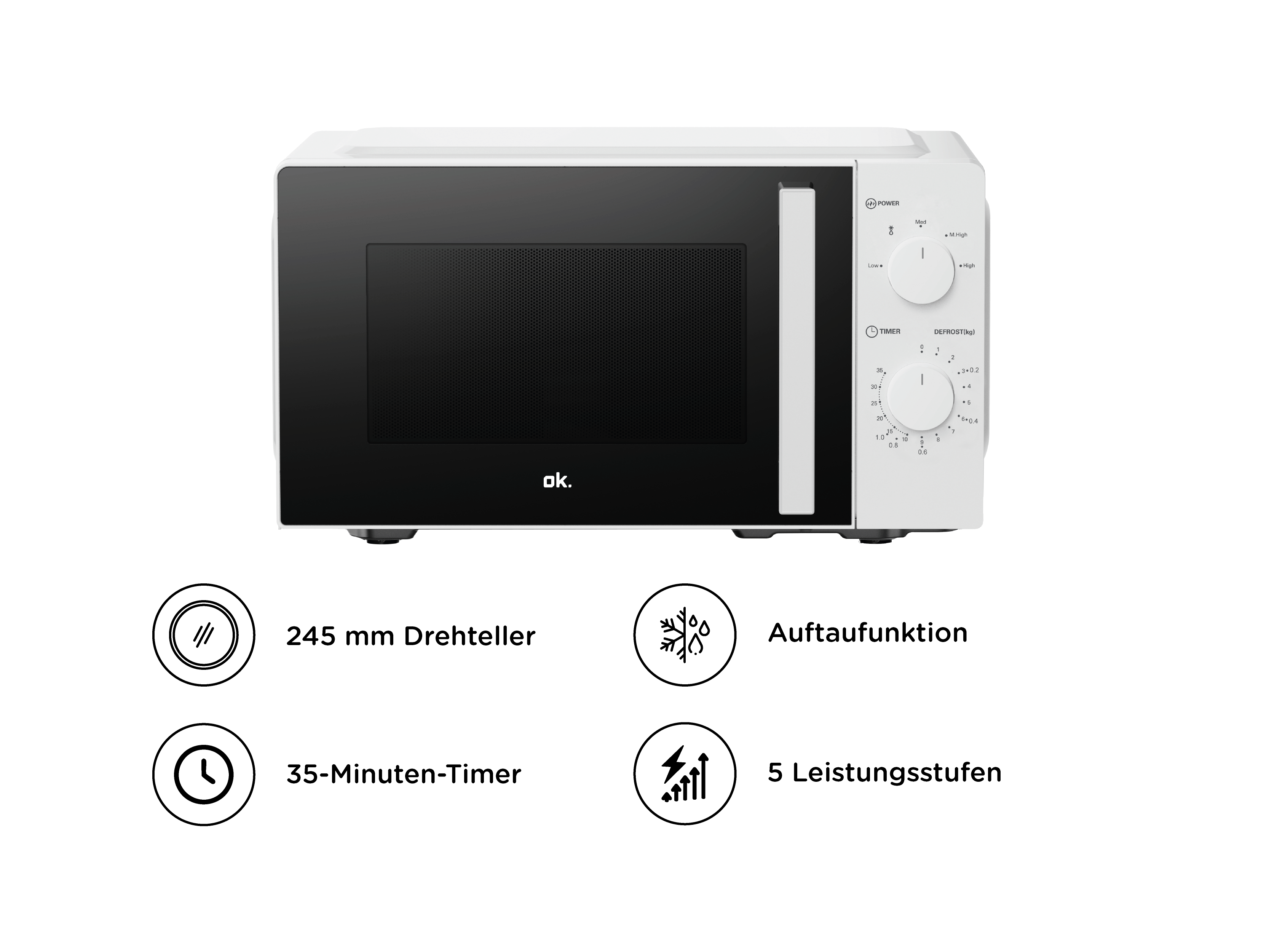 Weiße Mikrowelle mit schwarzen Türen, Bedienelementen und Symbolen.