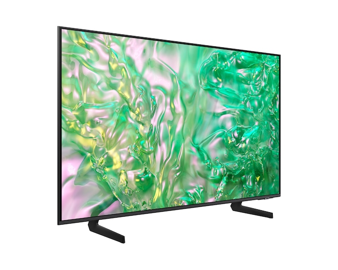 Ein moderner schwarzer Fernseher mit einem bunten Bildschirm steht auf seinen Füen.