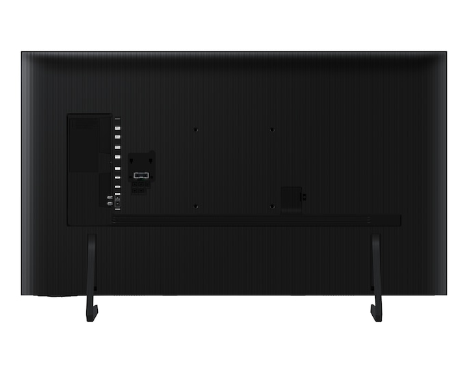 Rückseite eines schwarzen Fernsehers mit Anschlüssen und Standfüßen.
