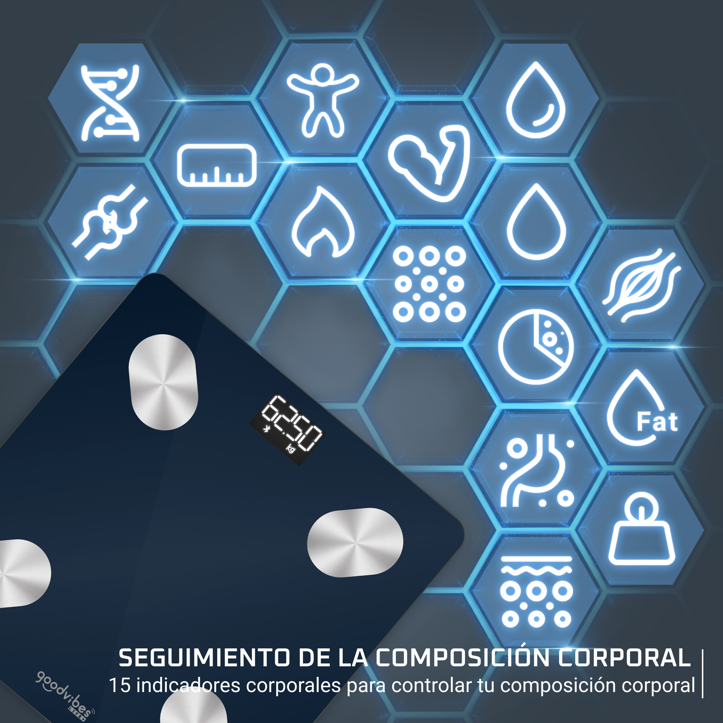 Una báscula corporal oscura con iconos de ADN, músculo, agua, grasa y más.