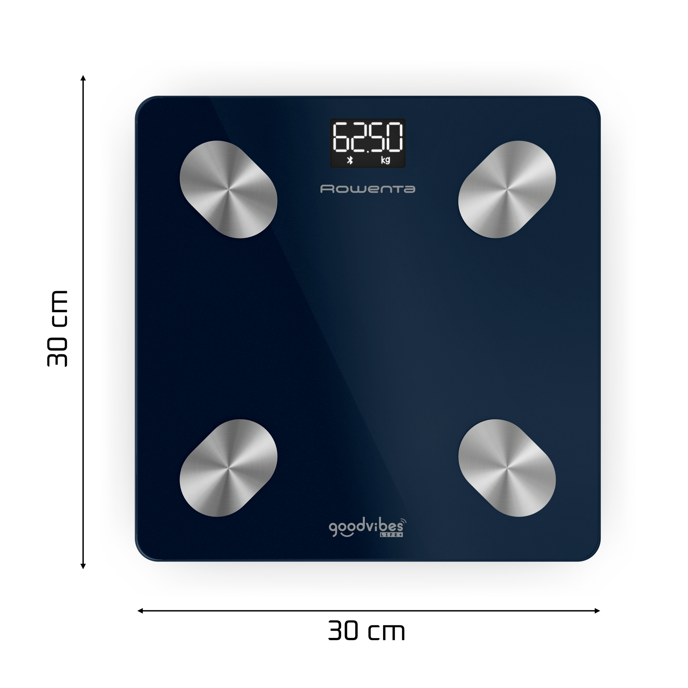 Una báscula digital azul oscuro con electrodos plateados y una pantalla.