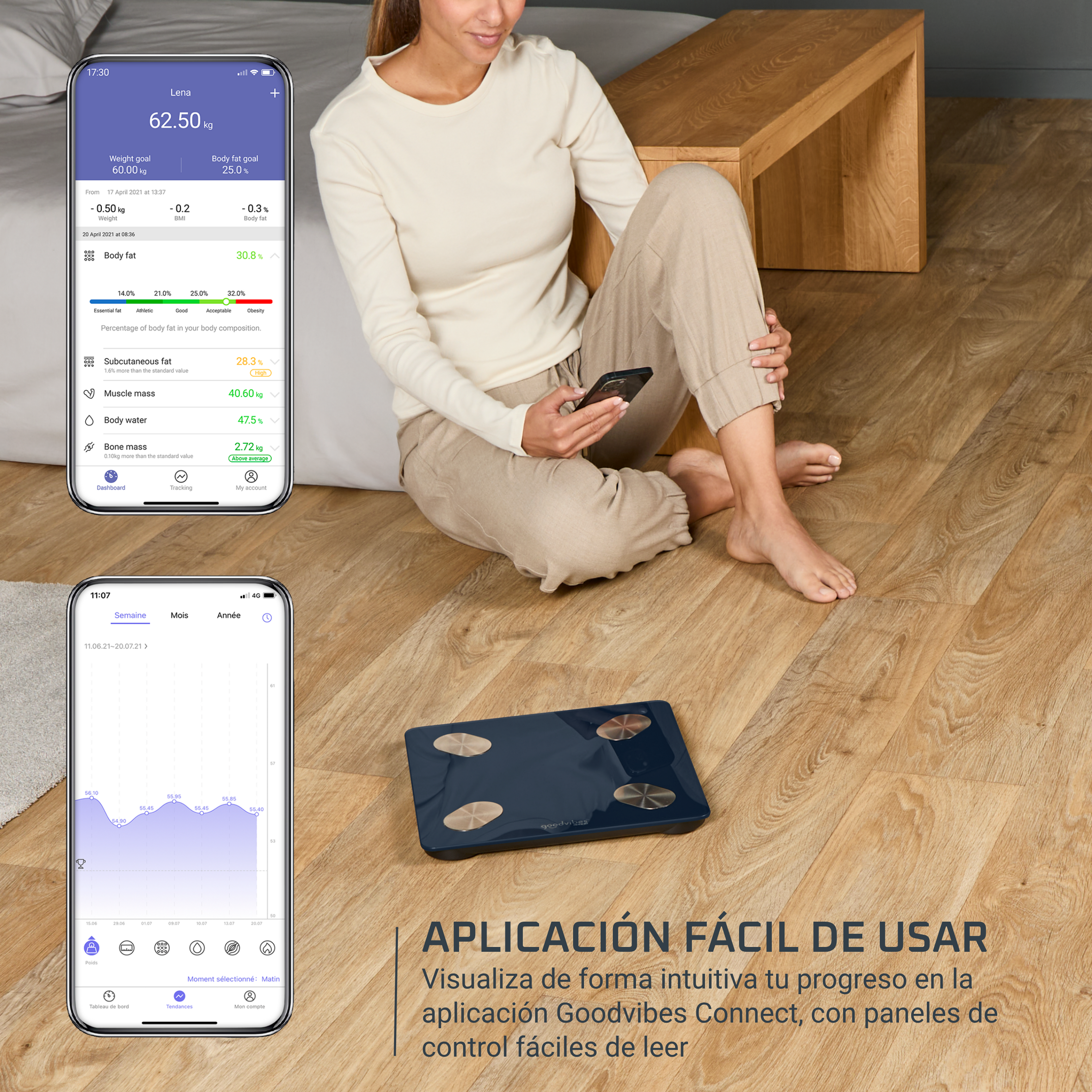 Aplicación fácil de usar. Visualiza de forma intuitiva tu progreso en la app Goodvibes, con panel de control.