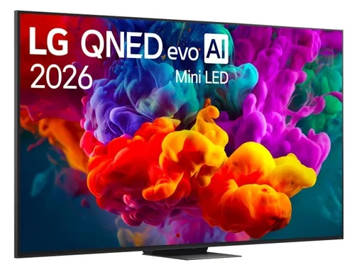 Telewizor LG QNED evo AI Mini LED z kolorowym abstrakcyjnym dymem.