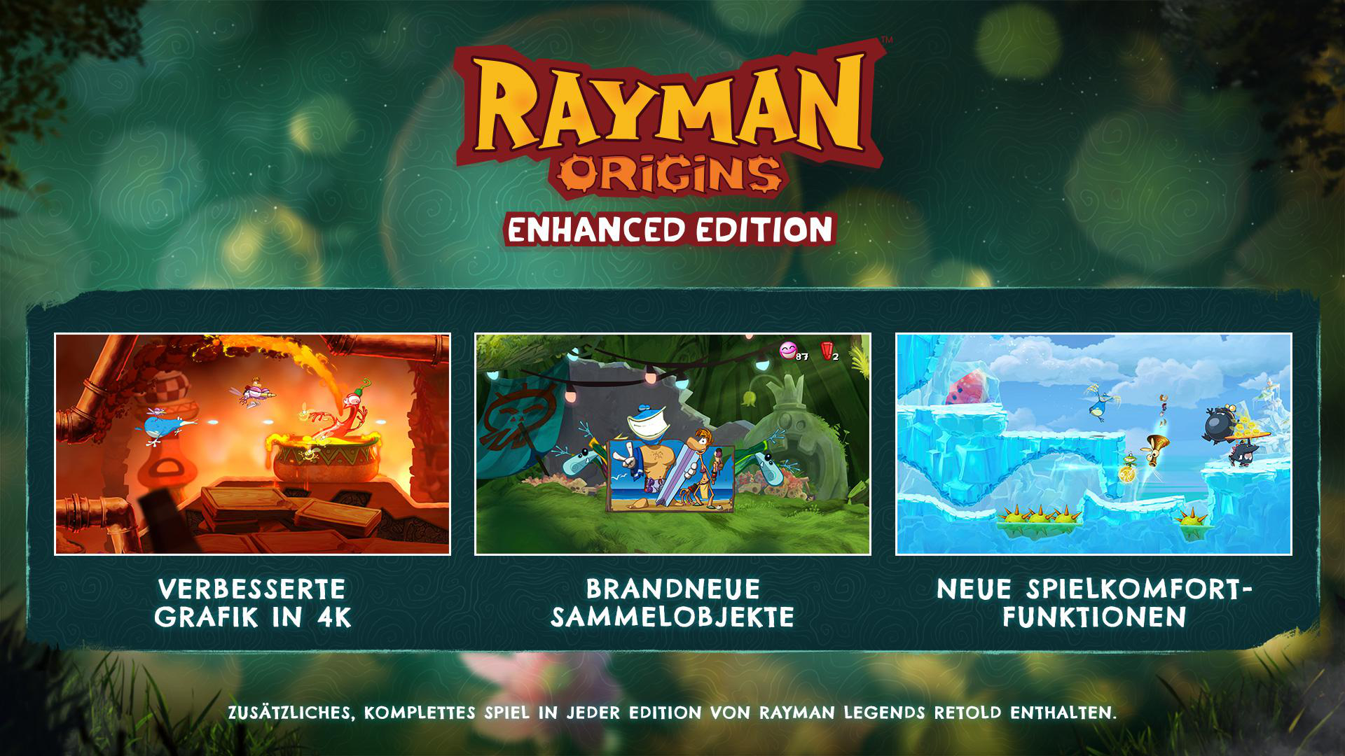 Rayman Origins Enhanced Edition: Spielszenen mit verbesserten Grafiken, Sammelobjekten & Komfortfunktionen.