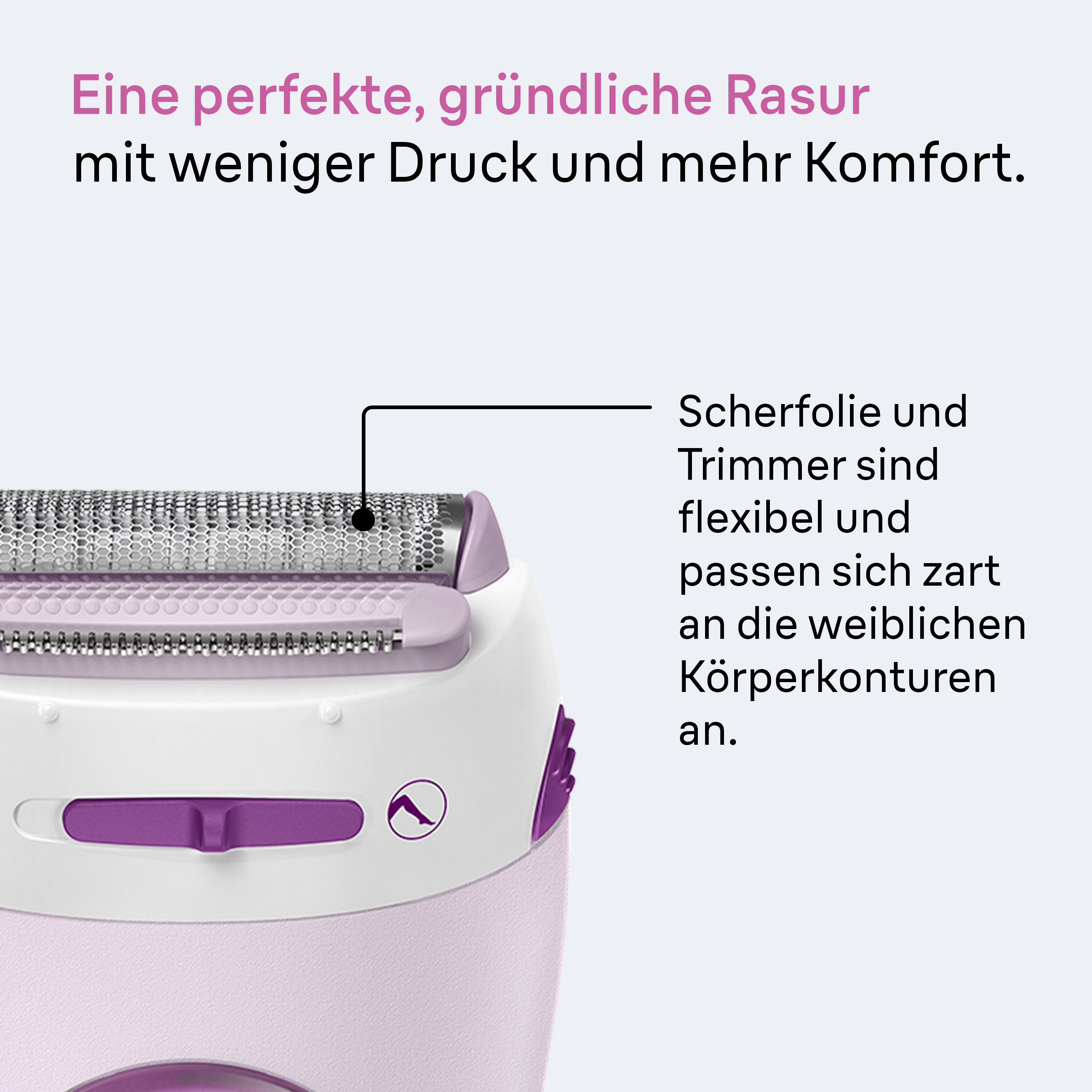 Ein weiß-pinker Rasierer mit flexibler Scherkopfpartie. Deutsche Texte.
