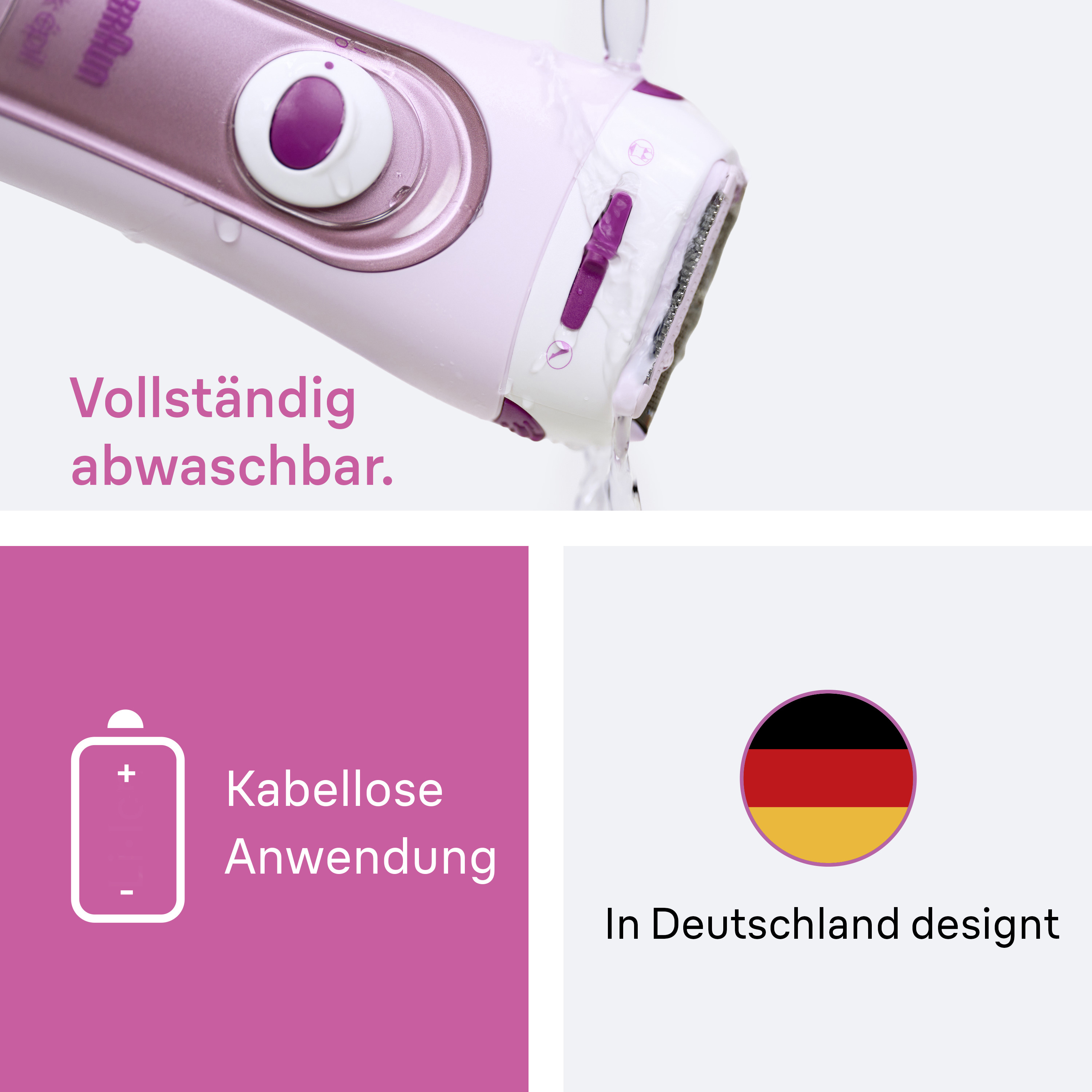 Ein rosa Epilierer wird unter Wasser gehalten. Zeichen für kabellose Anwendung und Deutschland.