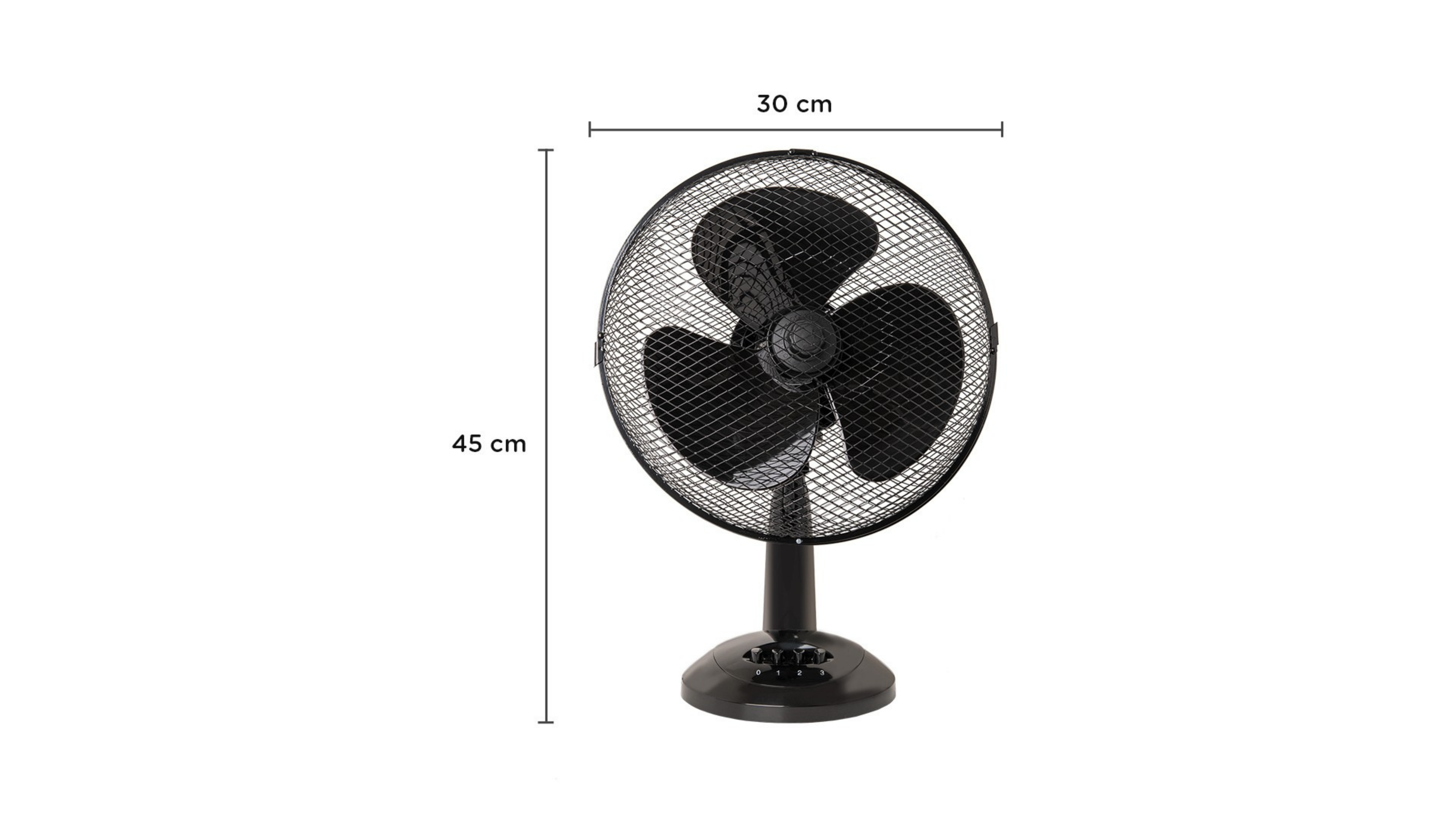 Siyah masa vantilatörü, 30 cm genişlik, 45 cm yükseklik, üç kanatlı.