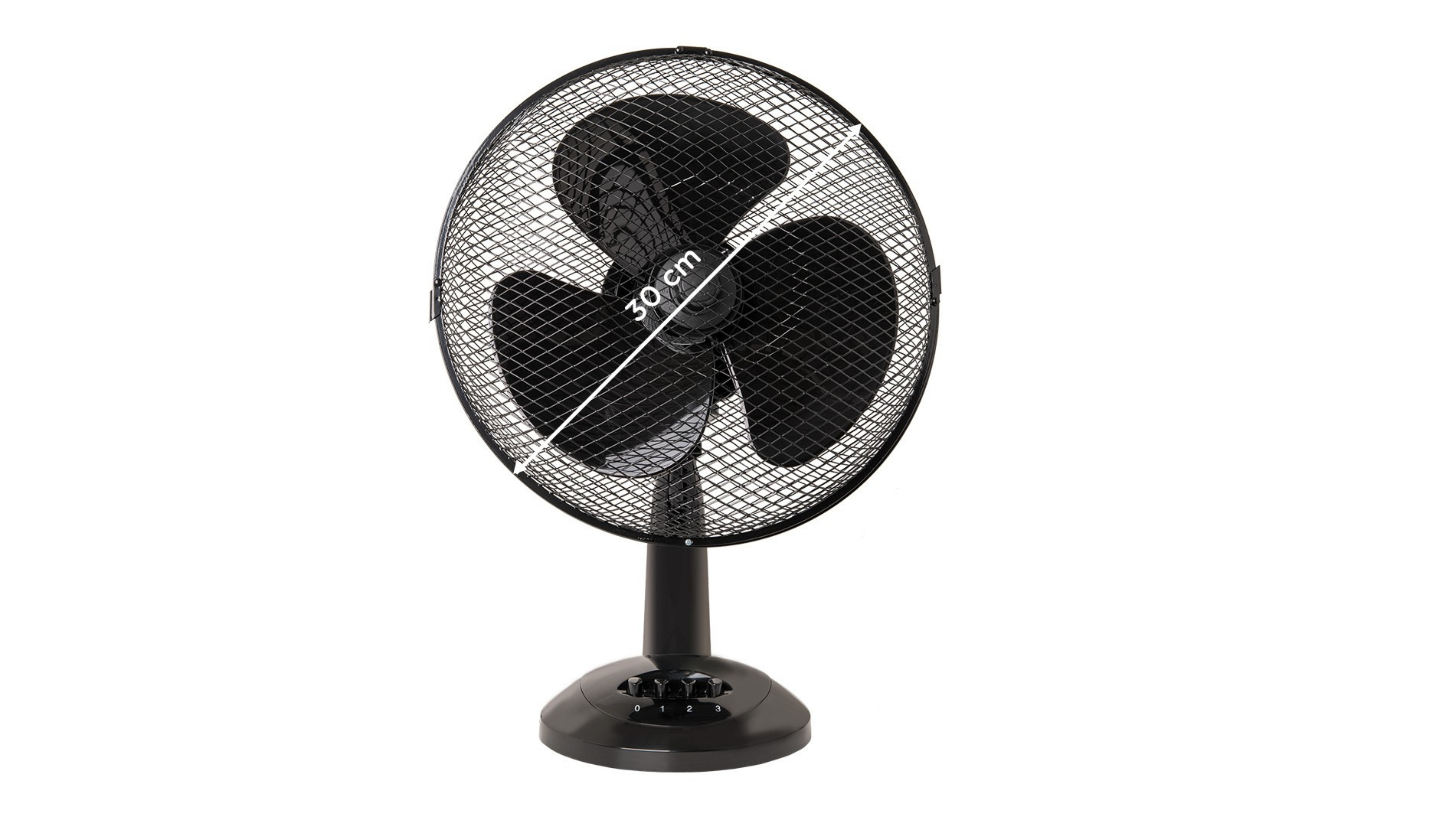 3 kanatlı, metal ızgaralı siyah masa vantilatörü. 30 cm çapında.