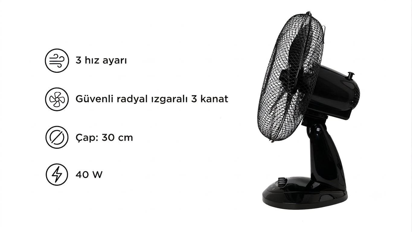 3 hız ayarlı, 3 kanatlı, 30 cm çapında siyah masa vantilatörü.