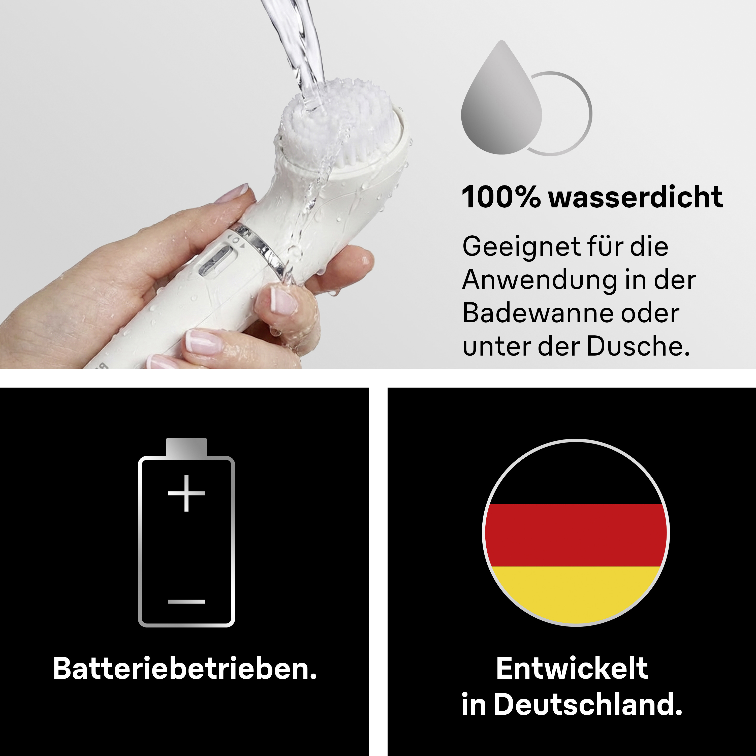 Ein weißes Hautpflegegerät wird unter Wasser gehalten. Es ist 100% wasserdicht.