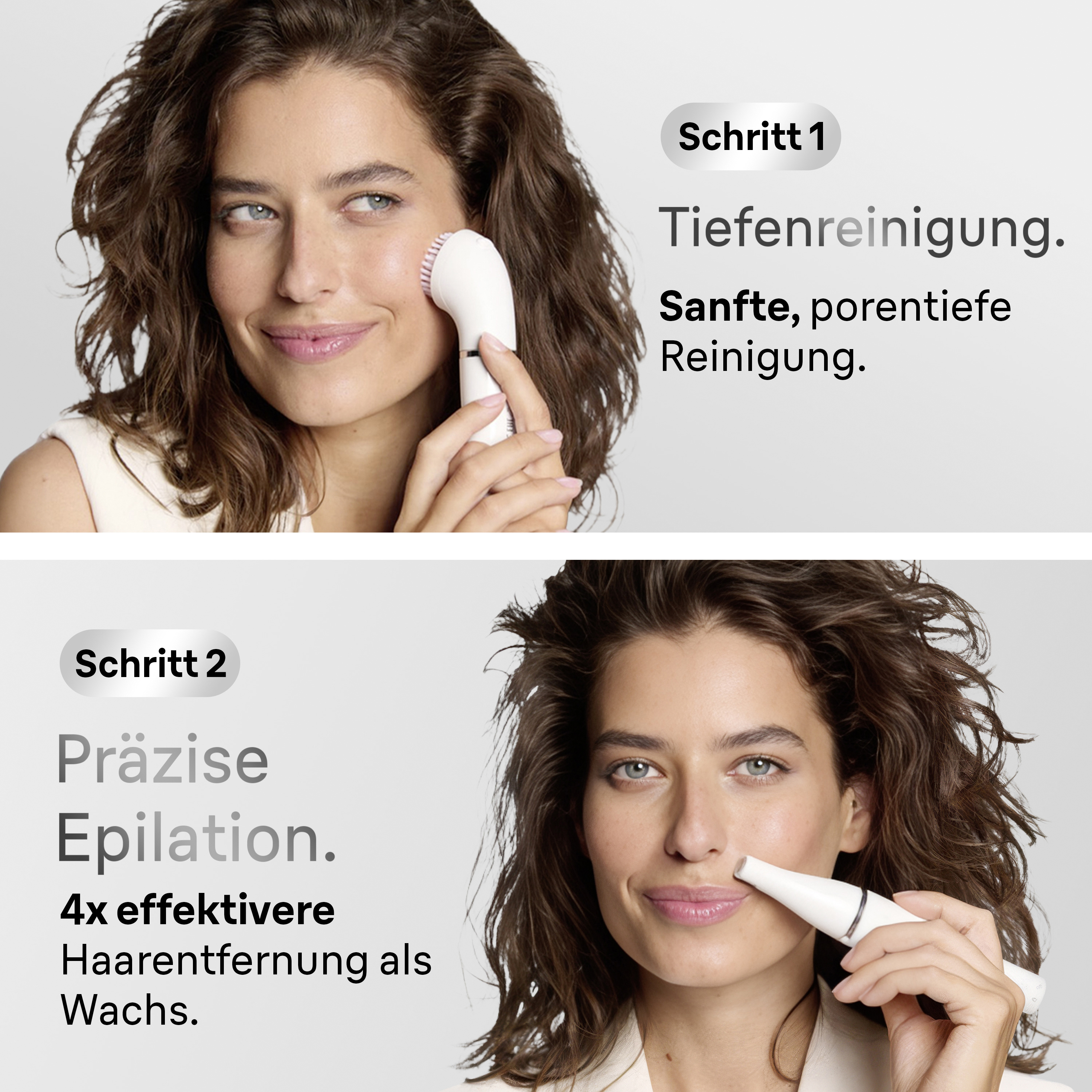 Frau mit Gesichtsreinigungsbürste und Epilierer. Schritt 1: Tiefenreinigung. Schritt 2: Präzise Epilation.