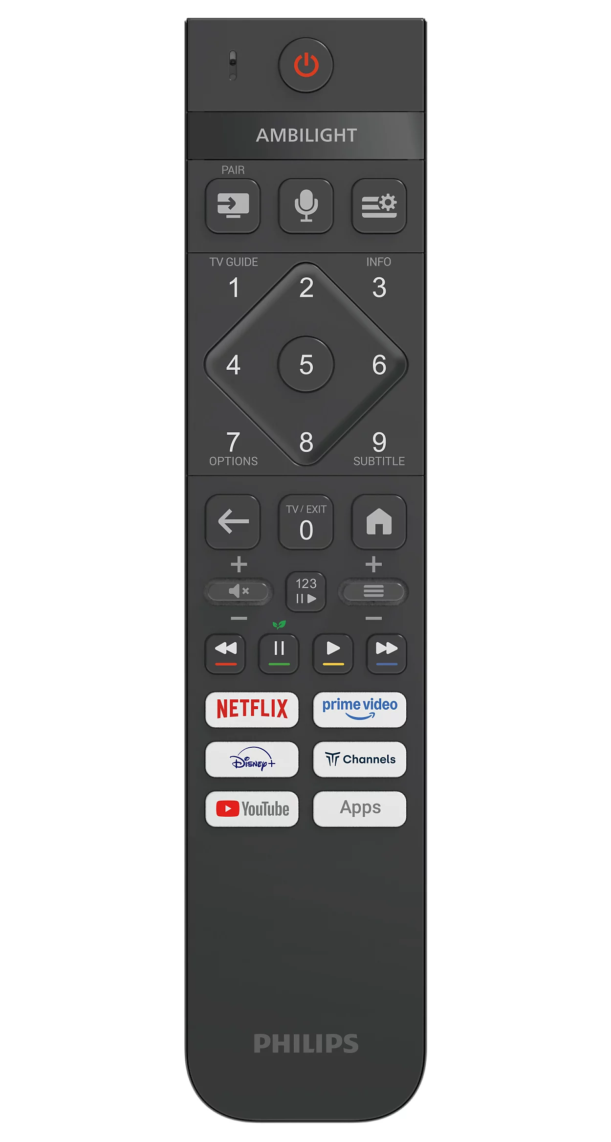 Ein dunkler Philips TV-Fernbedienung mit Tasten für Ambilight, Netflix, YouTube.