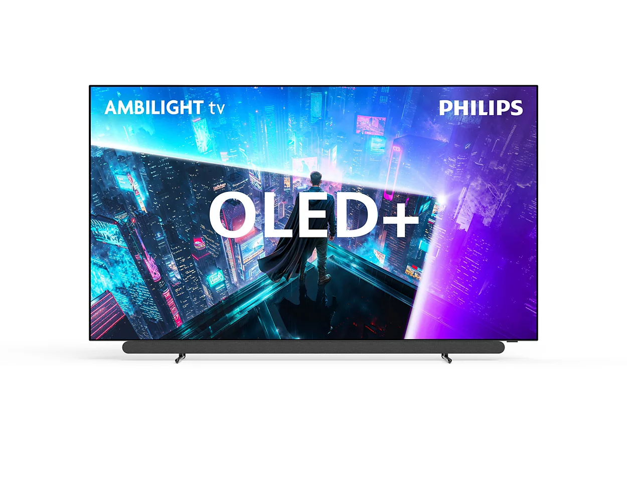 Ein Philips Ambilight OLED+ Fernseher mit einer Stadtlandschaft auf dem Bildschirm.